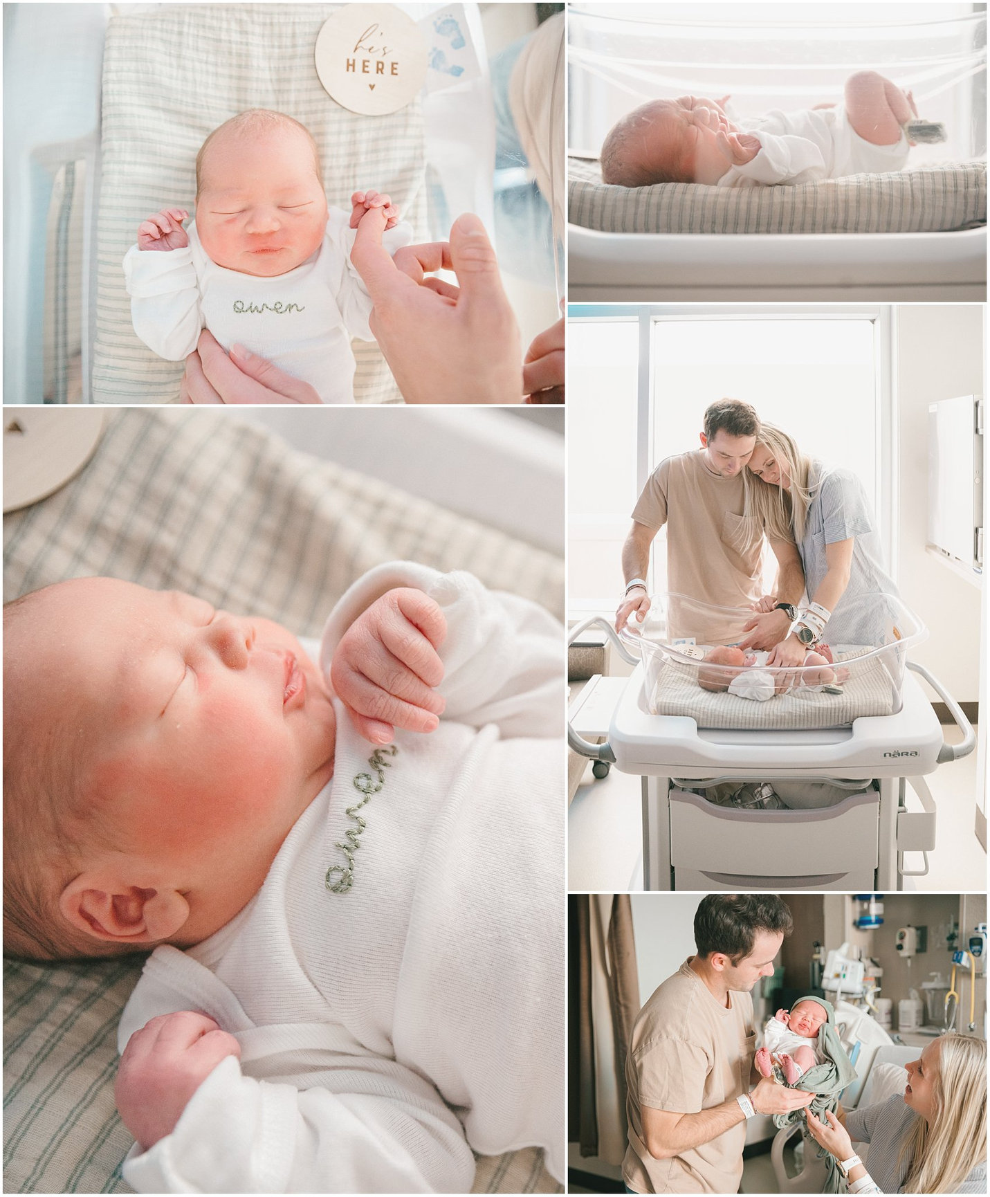 Newborn baby in various poses with parents, showcasing tender moments and infant care practices.