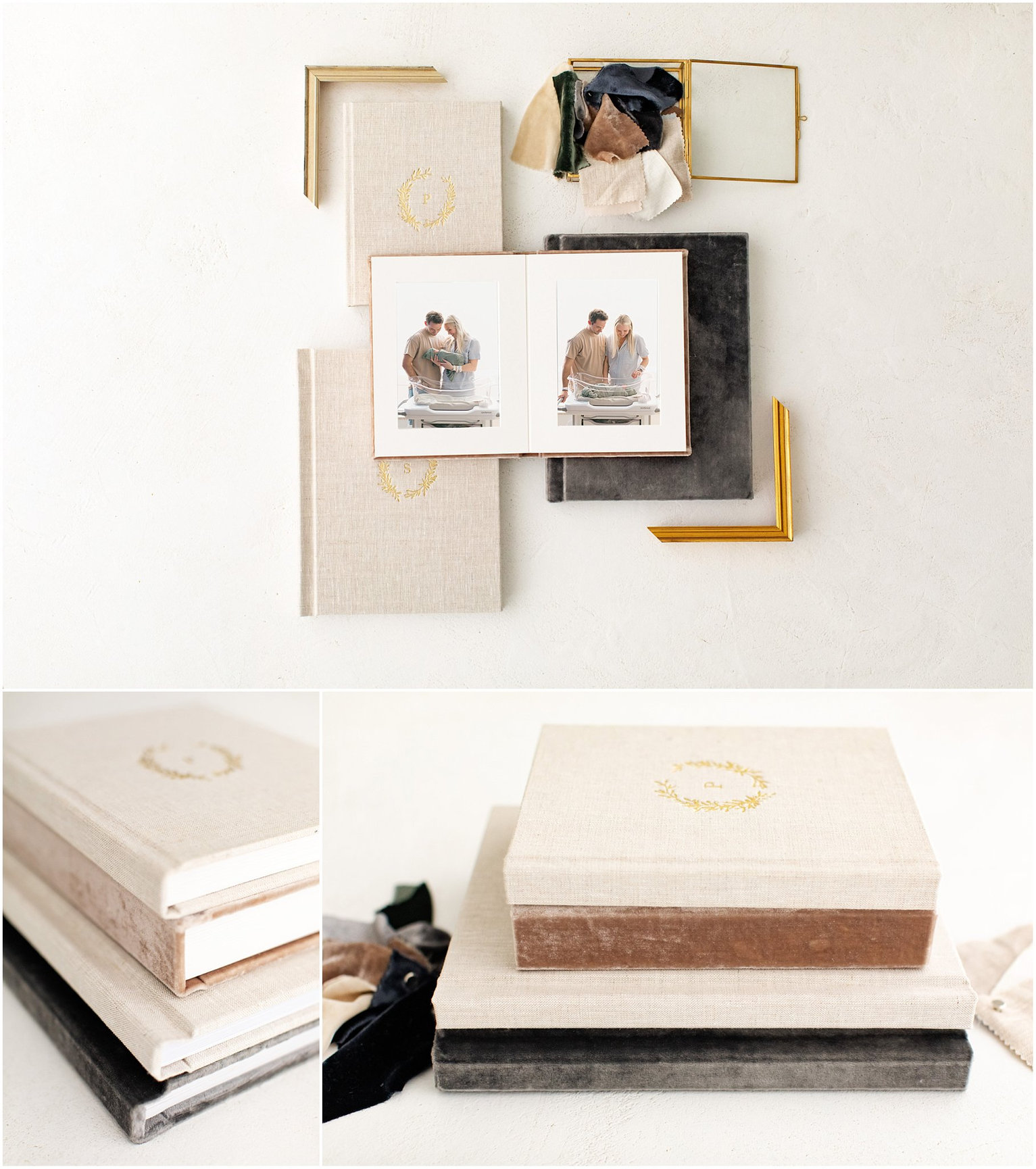 A flat lay of decorative books and framed photos on a neutral background.