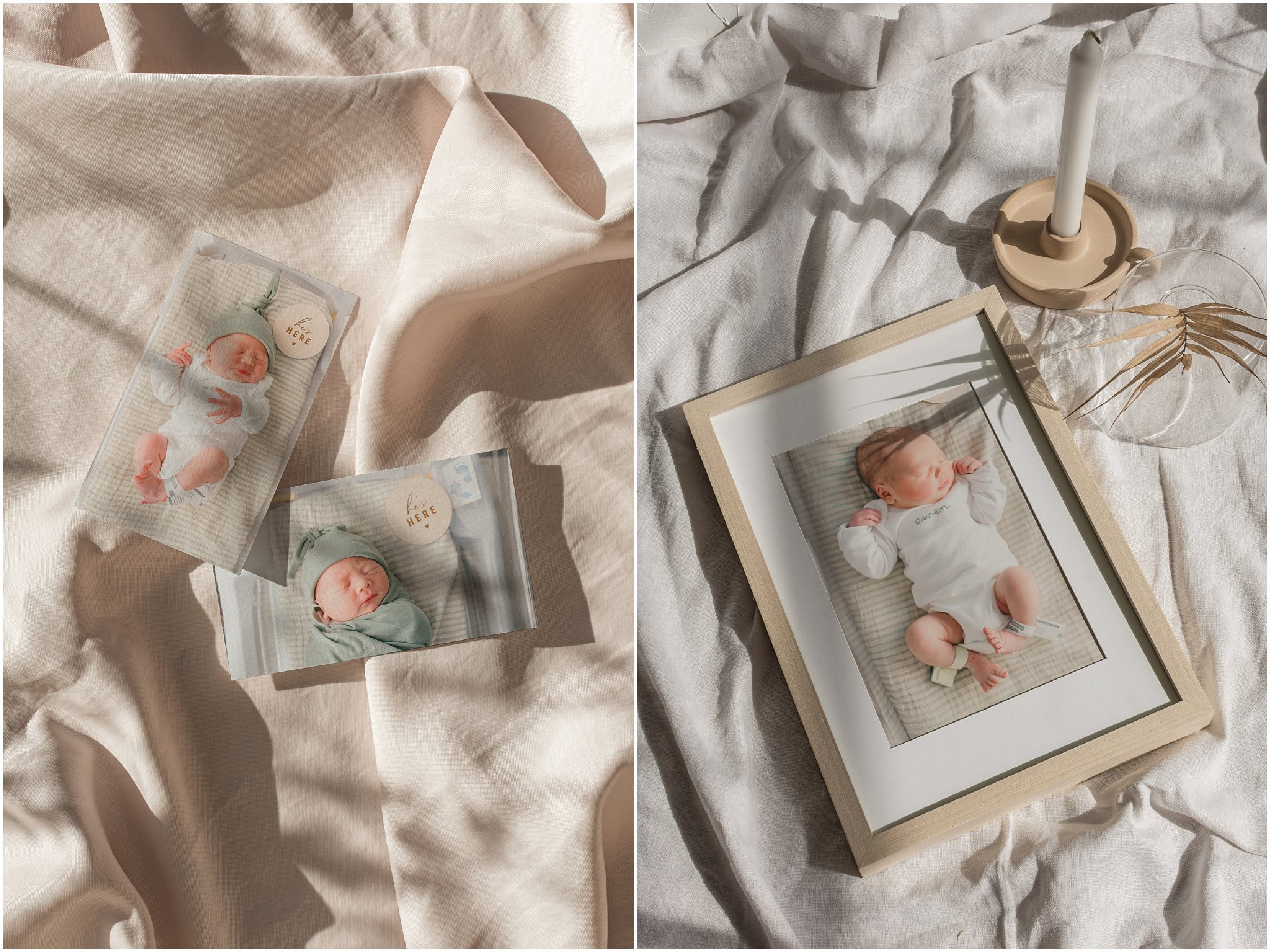 Newborn photos displayed on soft fabric, featuring framed and unframed images and decorative elements.