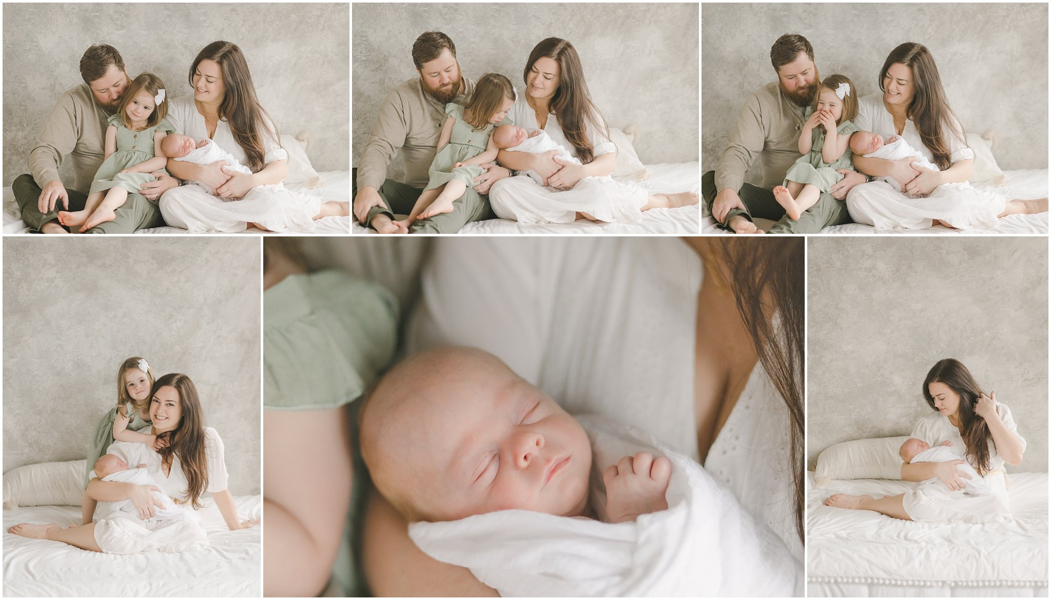 A family of four is captured in a series of intimate photos, showcasing moments with a newborn and older sibling.