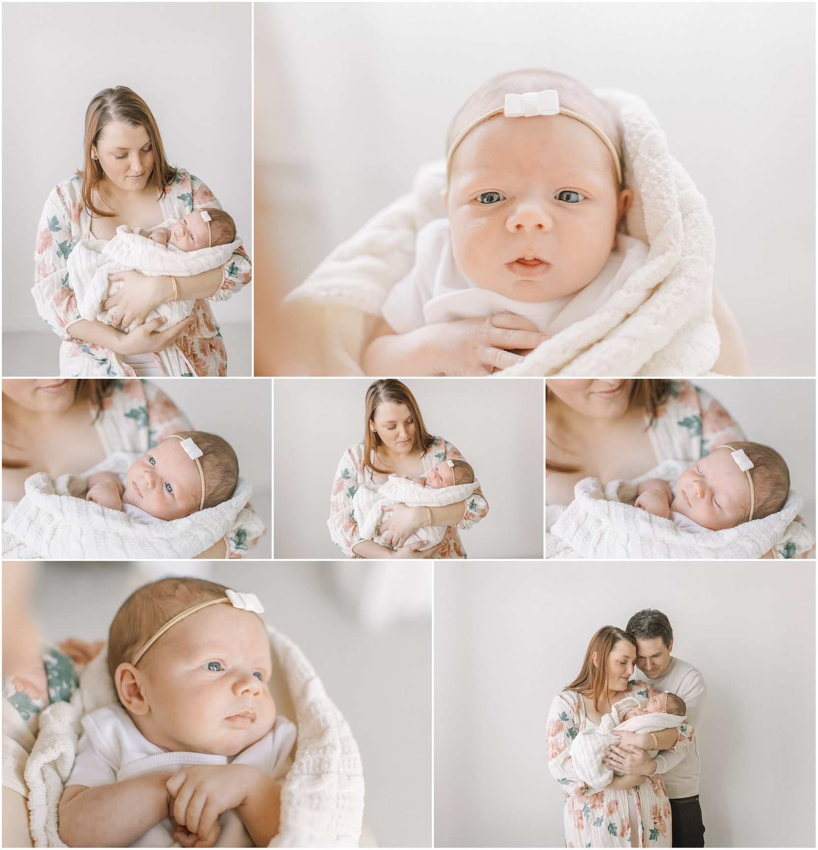 A collage of a new mother holding her baby, featuring close-up and candid shots.