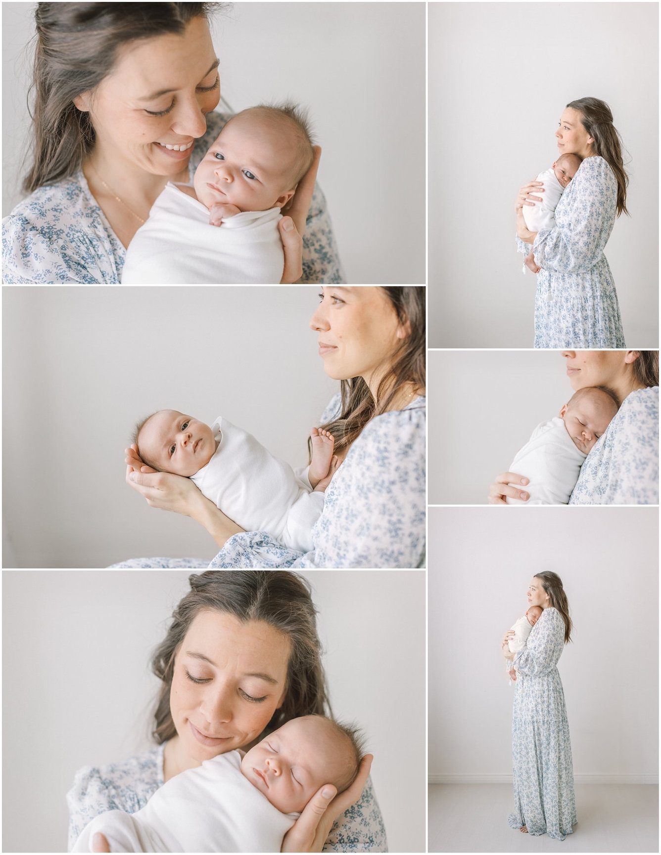 Mother tenderly holds and interacts with her swaddled baby in a series of heartfelt moments.