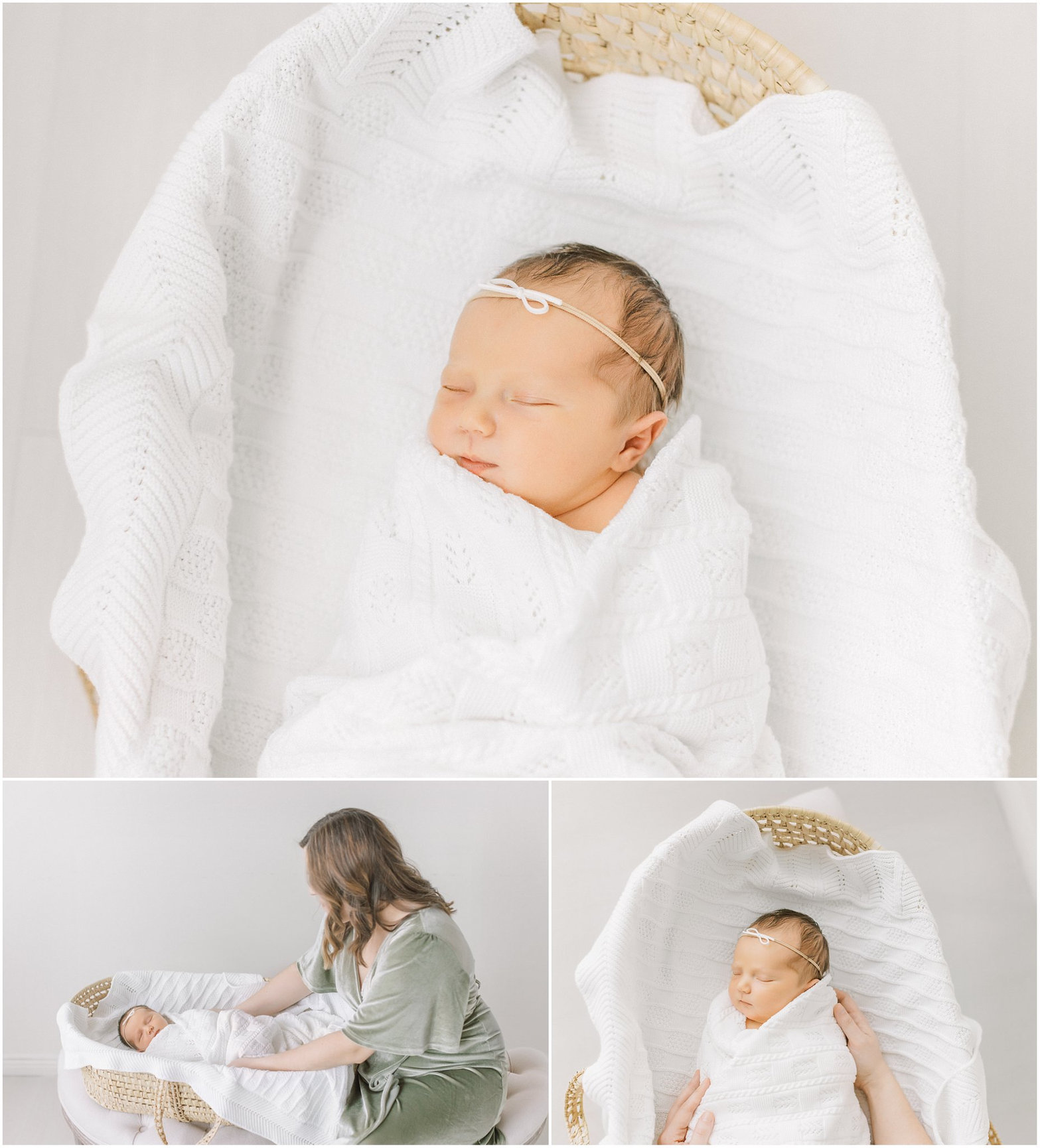 Newborn baby wrapped in white blanket in a cozy bassinet, with a caregiver nearby.