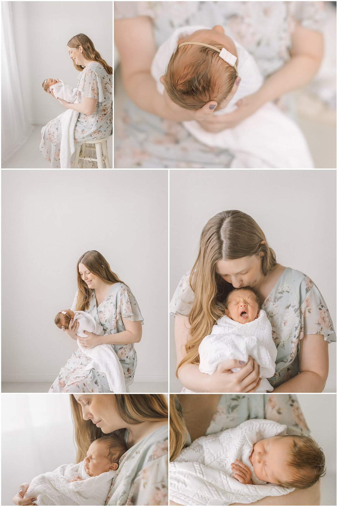 A collage of a woman gently holding a newborn baby in a bright, minimalistic setting.