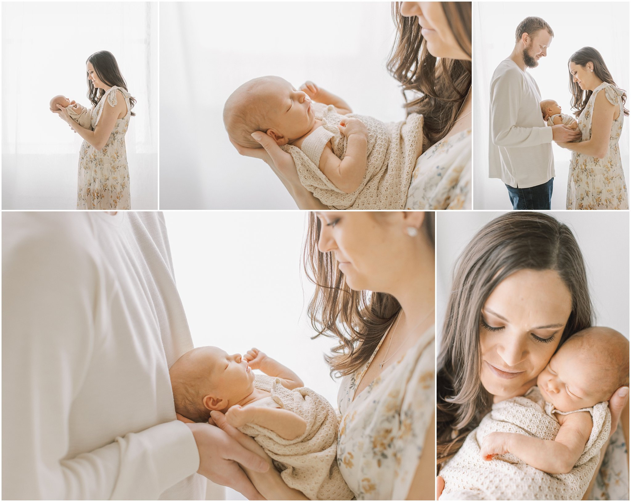 A couple lovingly holds their newborn baby, captured in a soft, bright setting.