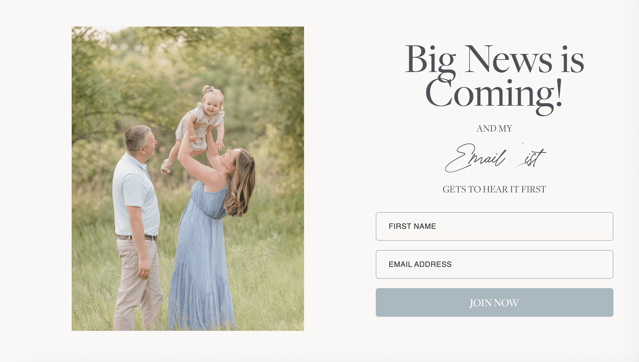 A family photo featuring a couple in a park, with the woman lifting a baby; overlay text announces upcoming news.