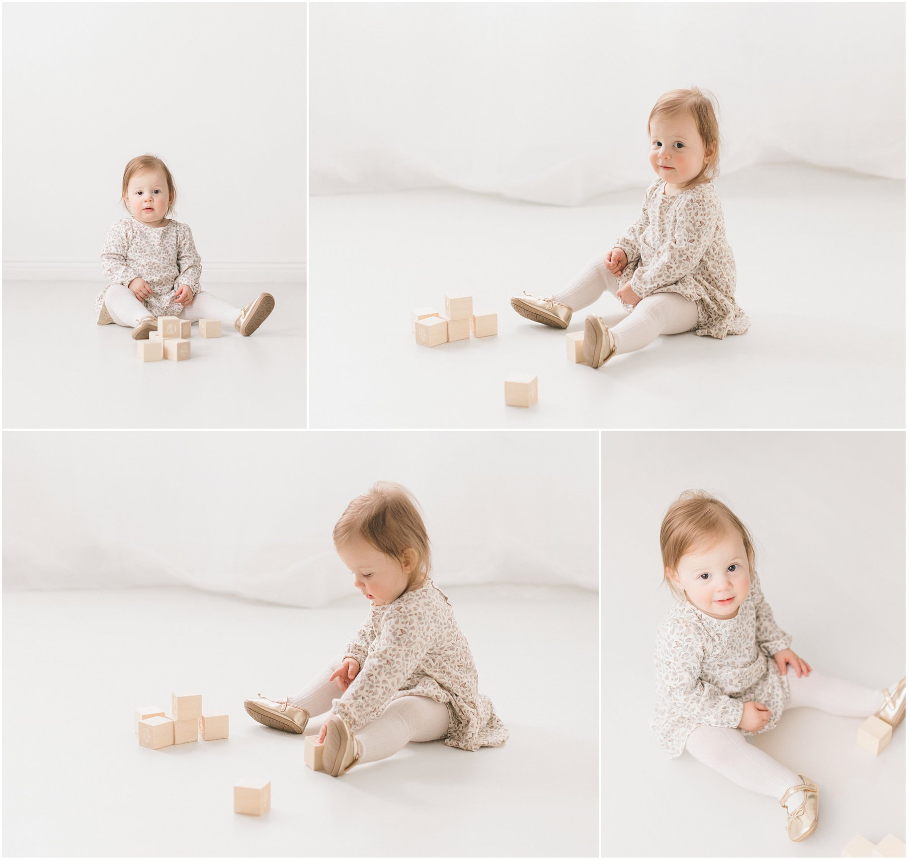 Toddler playing with wooden blocks on a white background, wearing a light outfit, in a bright, cheerful setting.