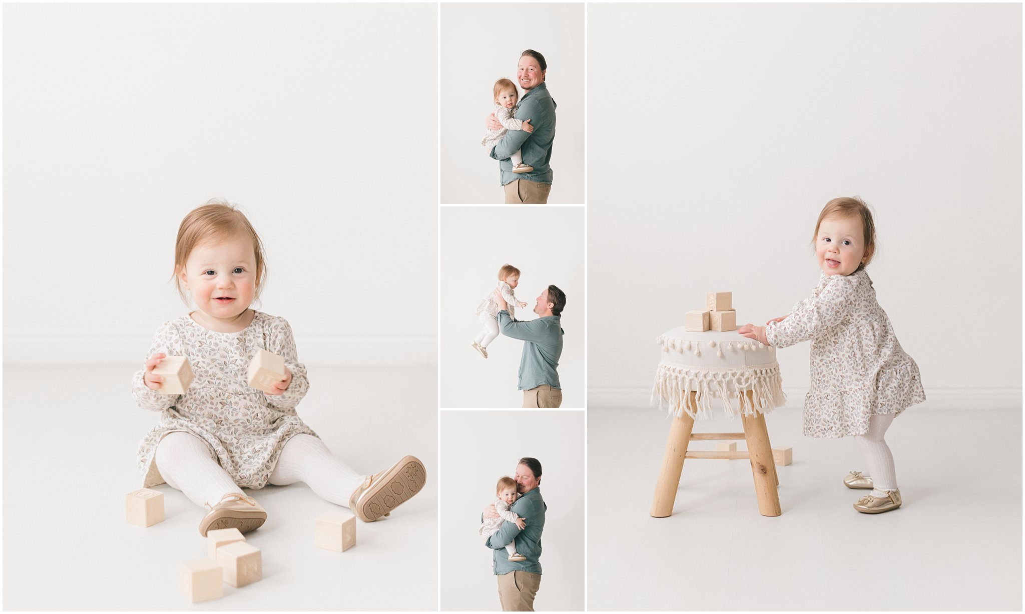 A collage of a toddler playing with blocks and interacting with a caregiver in a bright, minimalist setting.