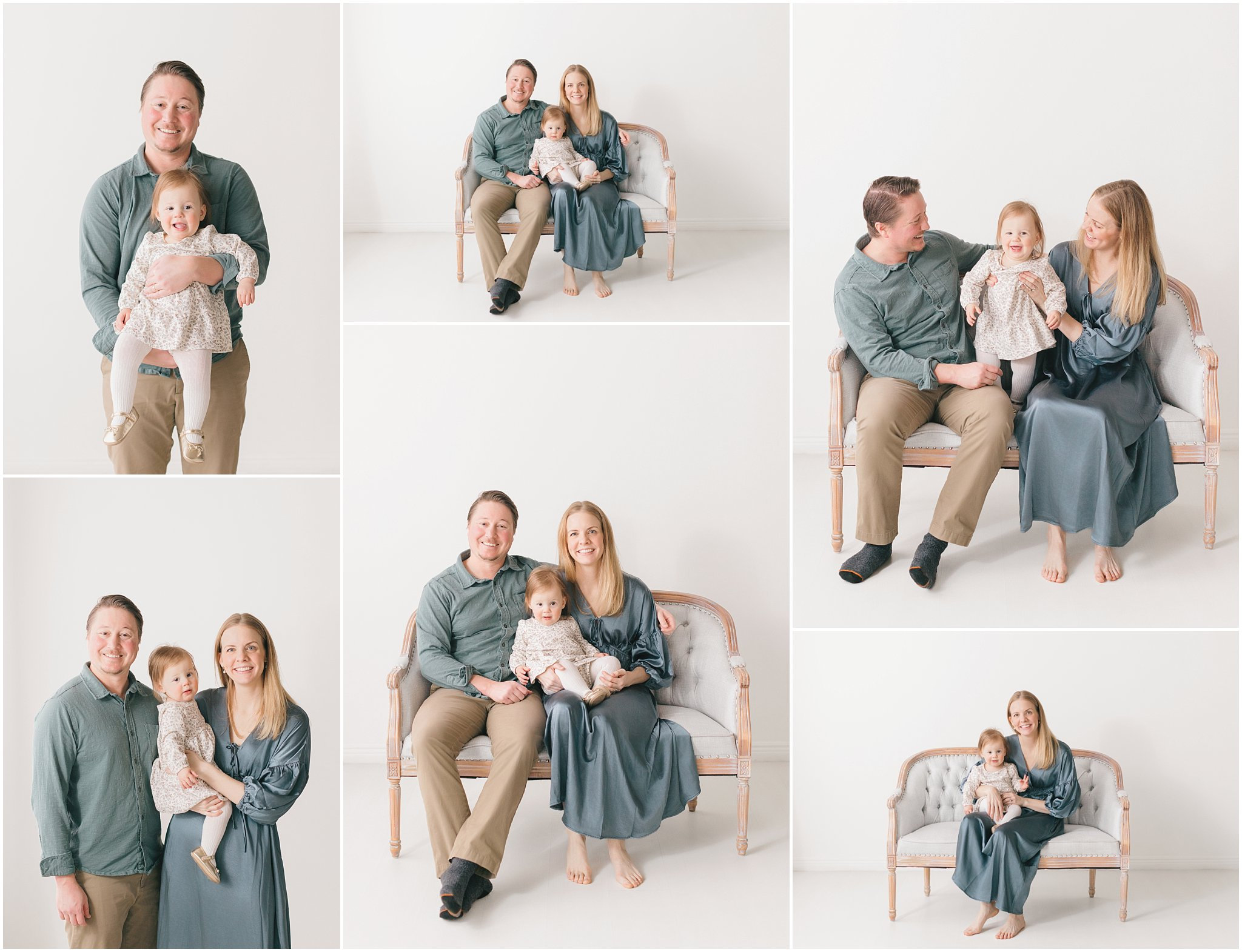 Family portrait collage featuring parents with their toddler, set against a light, neutral background.