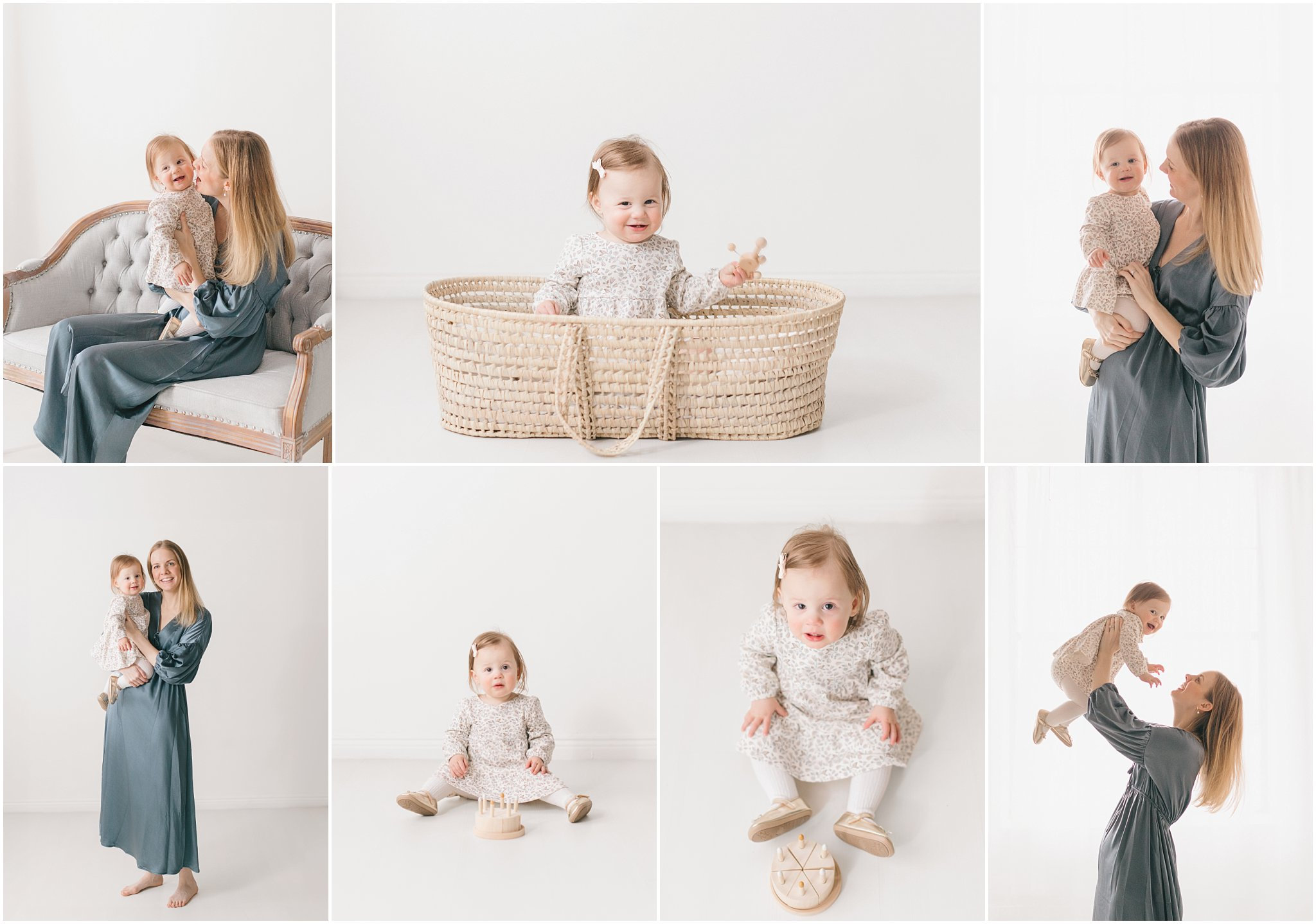 A collage of a mother and child in various playful poses, featuring cozy interactions and moments in a light setting.