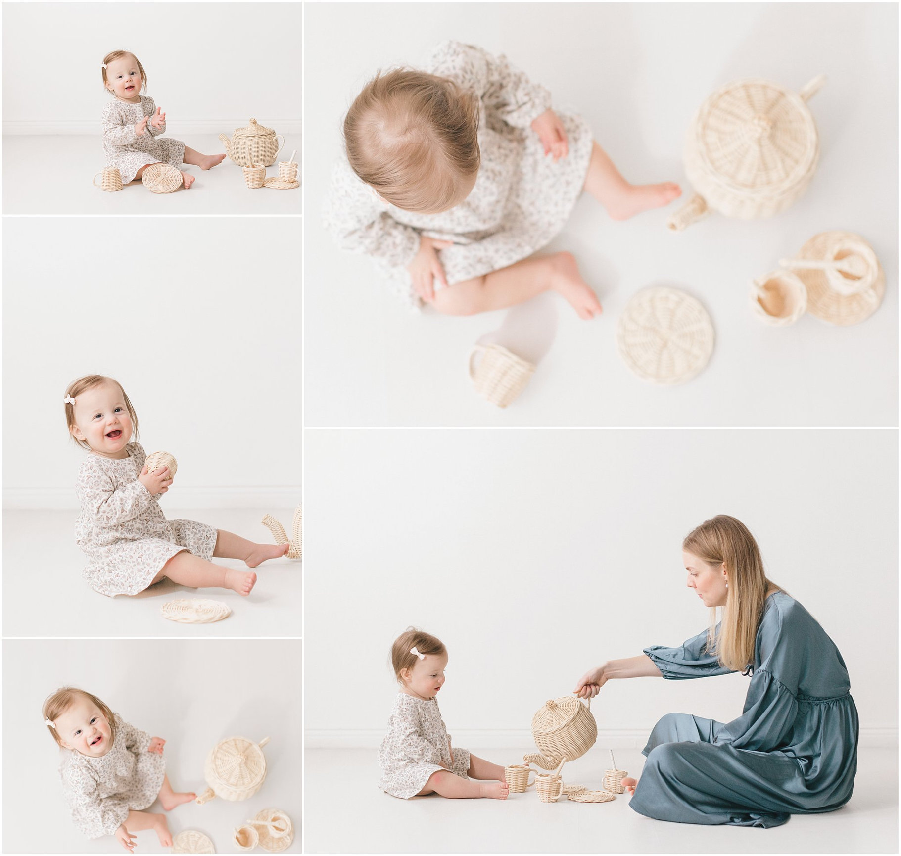 A joyful toddler plays with a mother, exploring natural toys on a light background.
