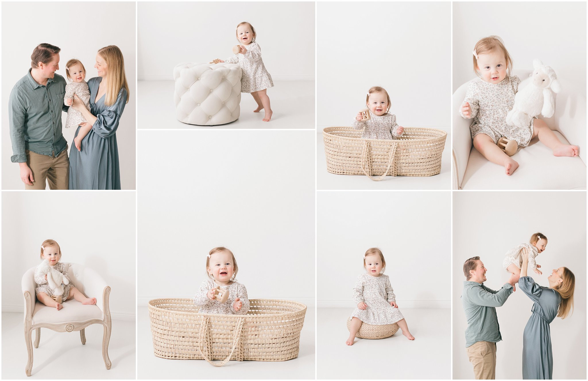 Collage of family portraits featuring a toddler with parents, and in different poses, including in a basket and on a chair.