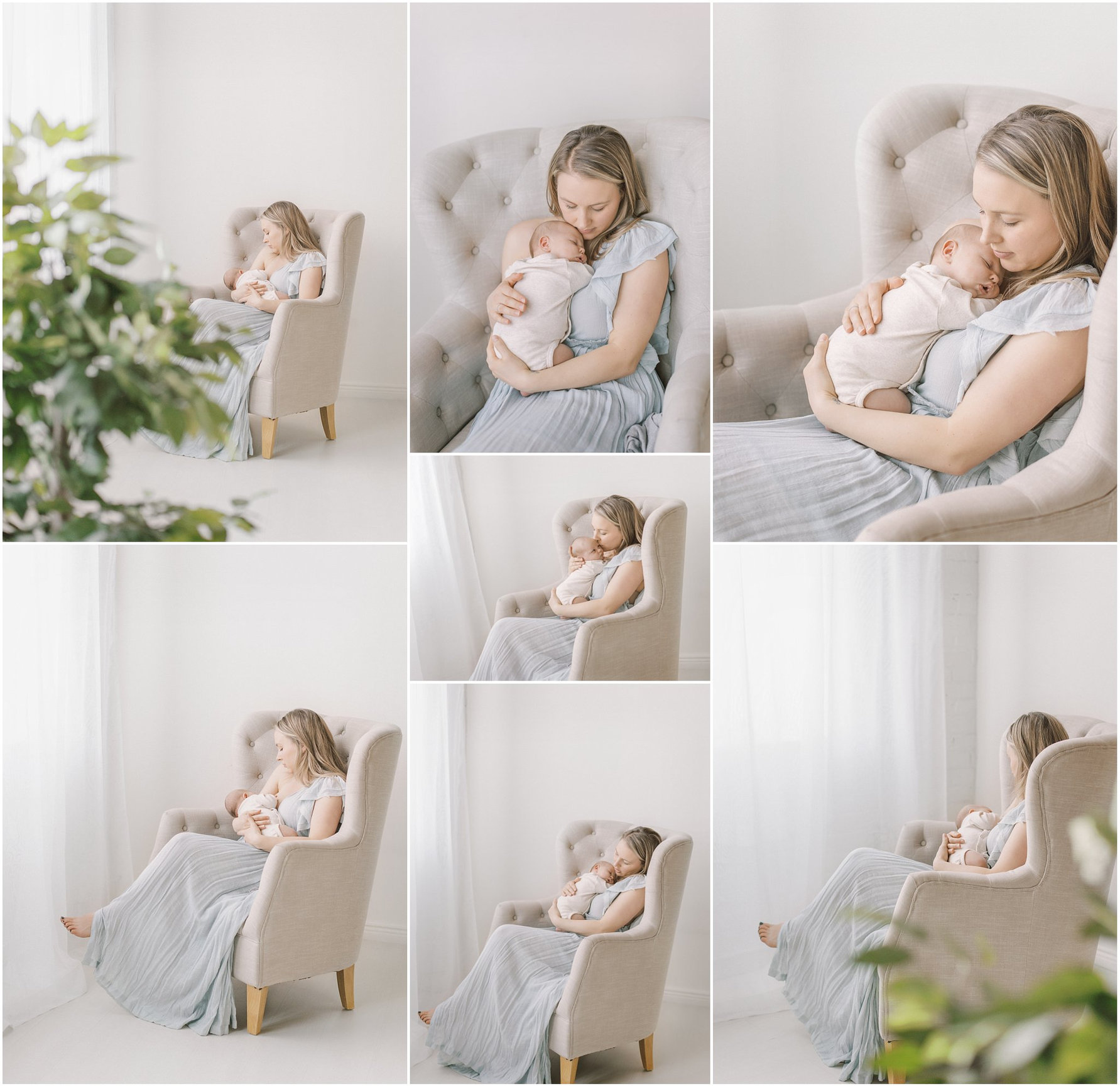 Mother lovingly cradles her newborn in a softly lit living room, showcasing a serene moment of bonding.