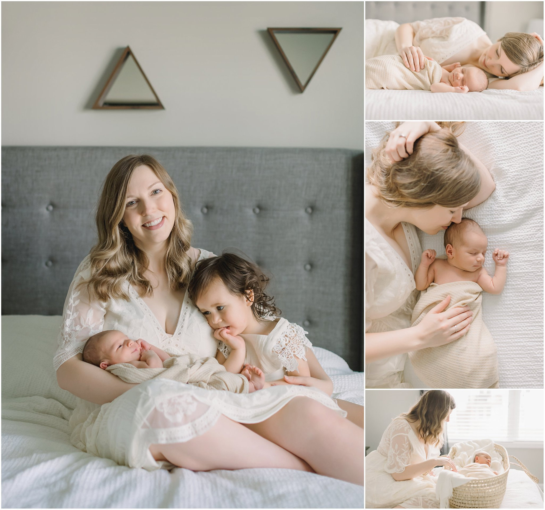 A mother in a flowing robe cuddles her newborn, while a toddler leans in beside them, all on a soft bed.