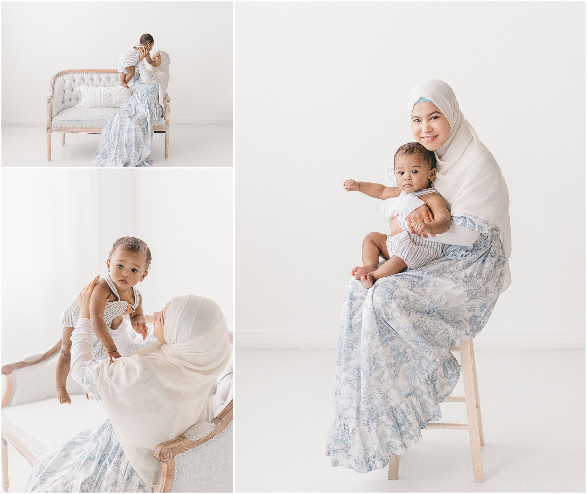 A mother in a hijab lovingly holds her baby in a bright, airy room, surrounded by soft, natural light.
