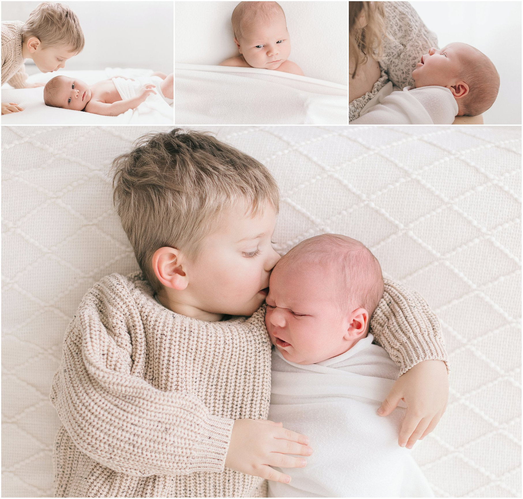 A toddler kisses a newborn baby on a cozy blanket, with additional images of the baby and toddler together.
