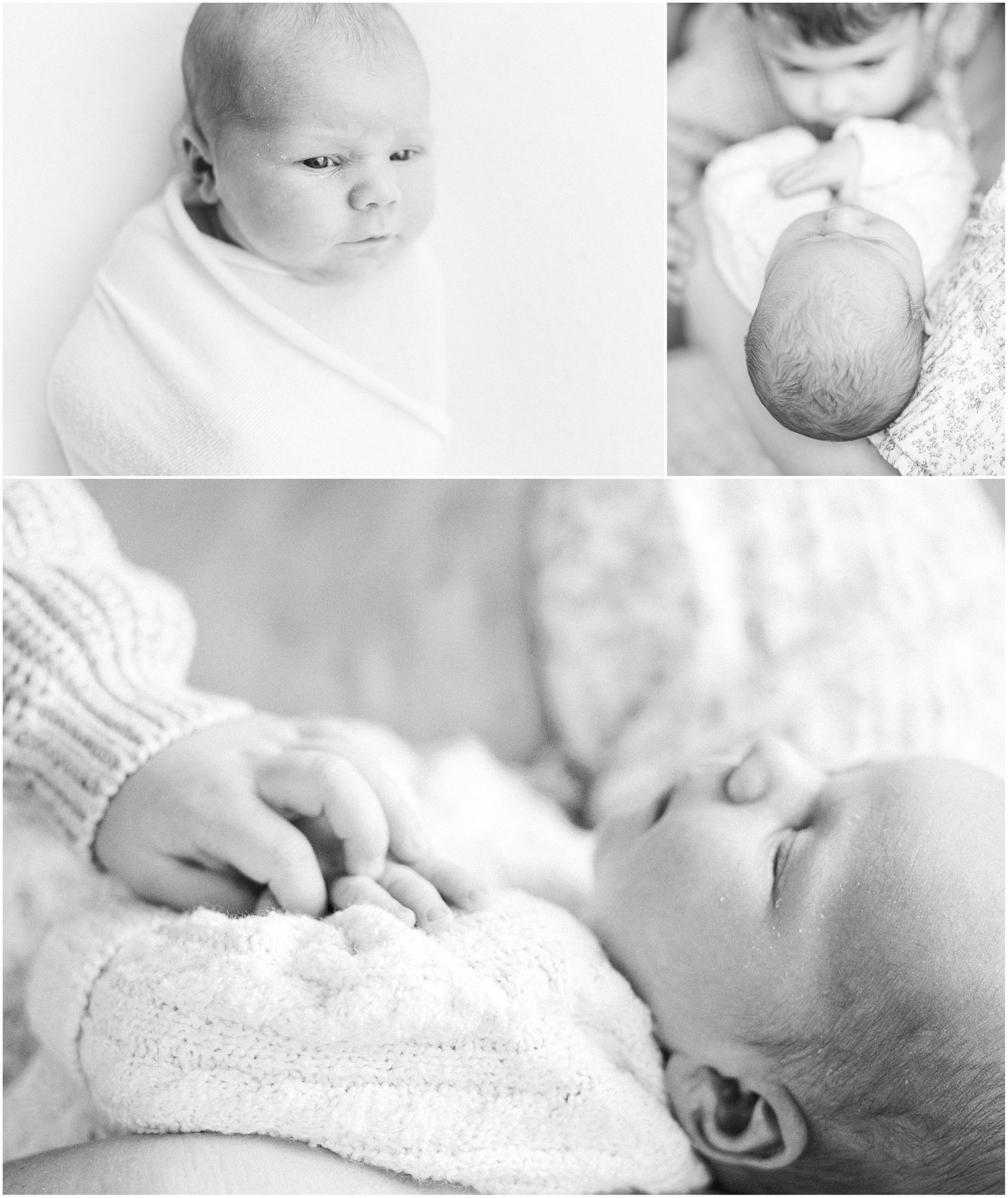 Black and white collage of a swaddled baby, a baby held, and a baby sleeping peacefully.