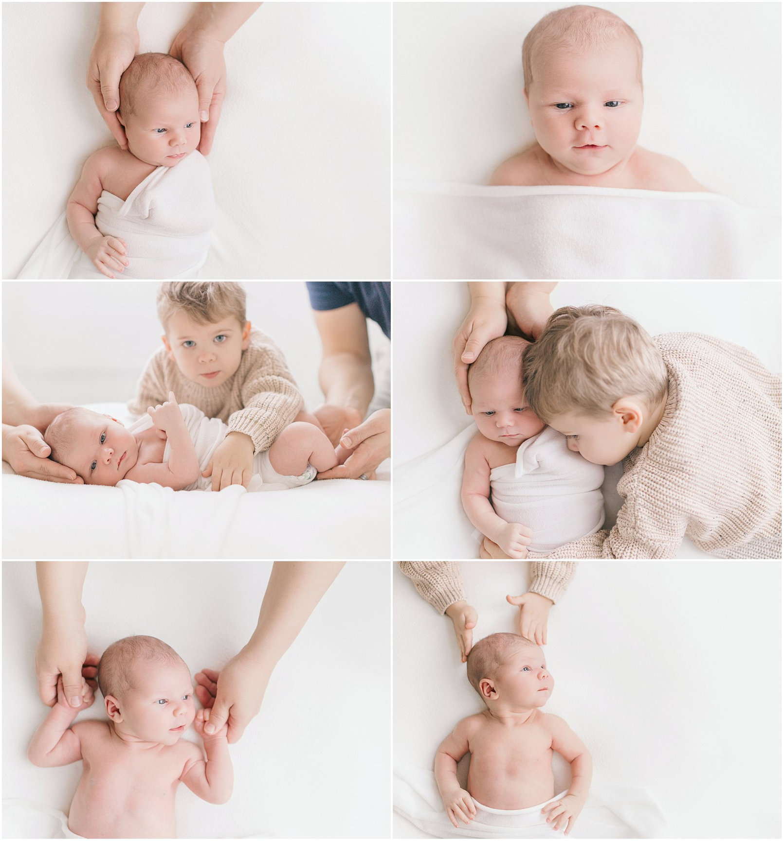 Collage of a baby with hands, an older sibling interacting with a newborn, and tender family moments.