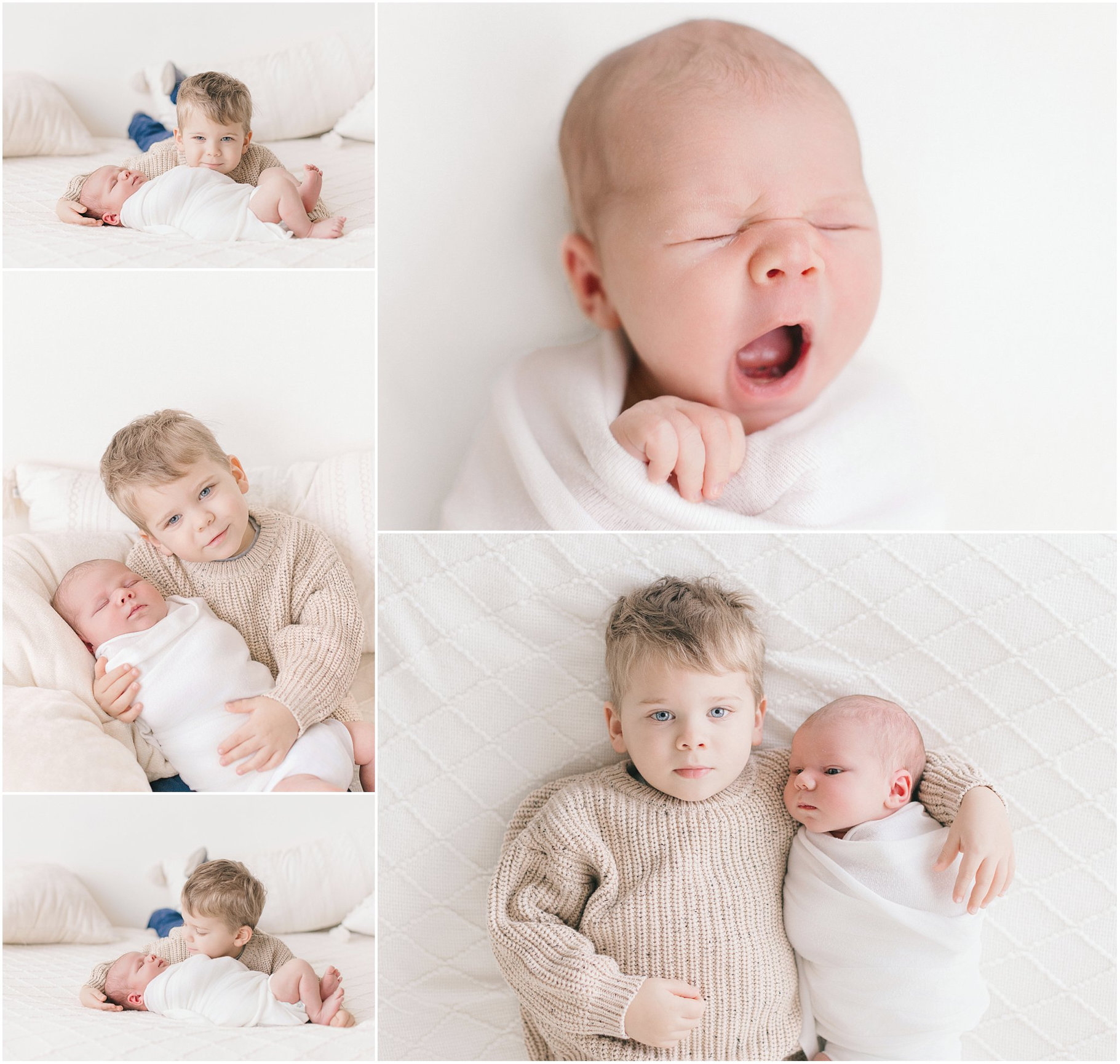 A collage featuring a newborn baby and a young child, showing moments of yawning, cuddling, and sharing a blanket.