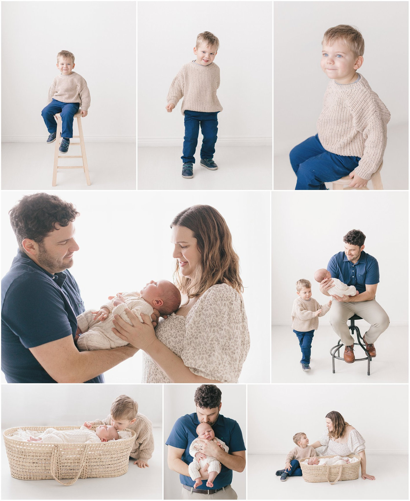 A collage featuring a newborn, a toddler, and parents in a bright, minimalist setting with soft colors.