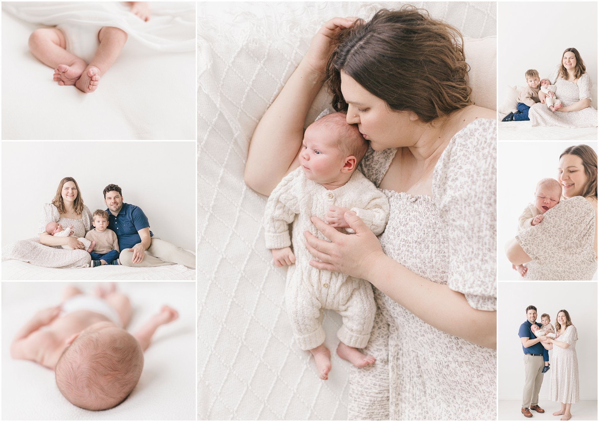 A collage featuring a mother holding her baby, family portraits, and close-ups of baby feet and hands.