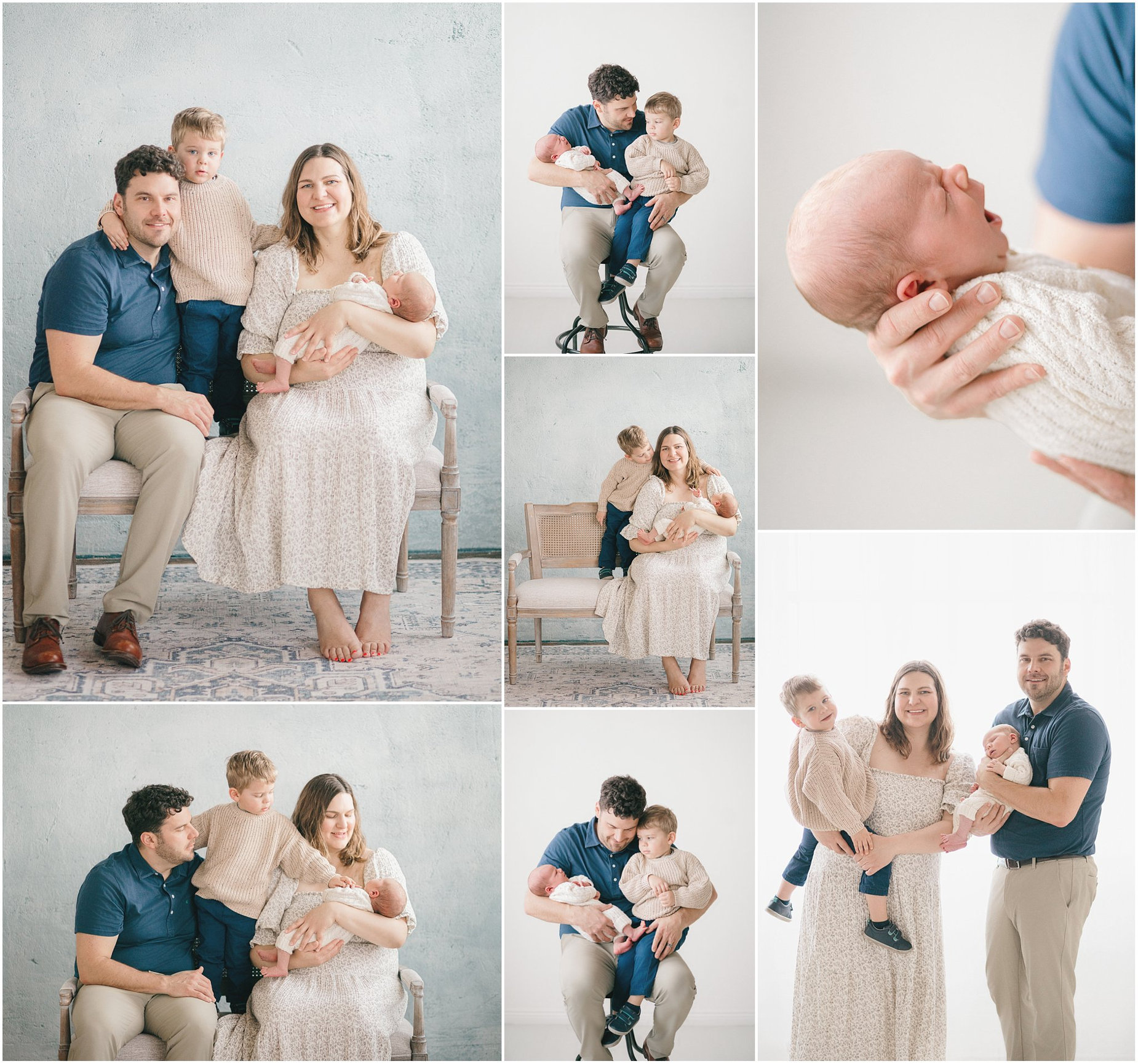 Family portrait featuring parents with their two young children in a light, soft-toned setting.