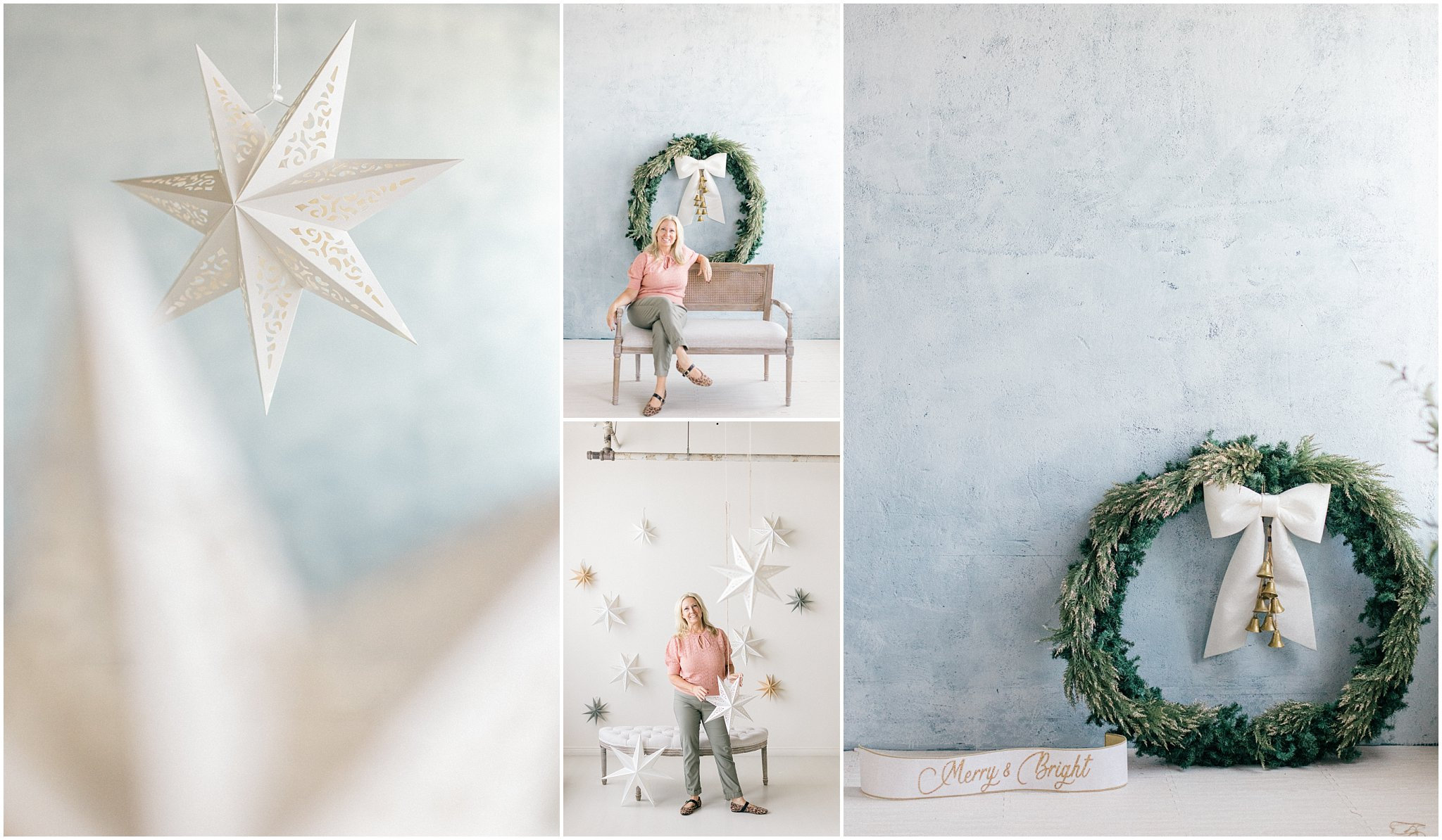 Decorative star, a girl sitting on a bench, and a wreath with a bow against a blue wall.