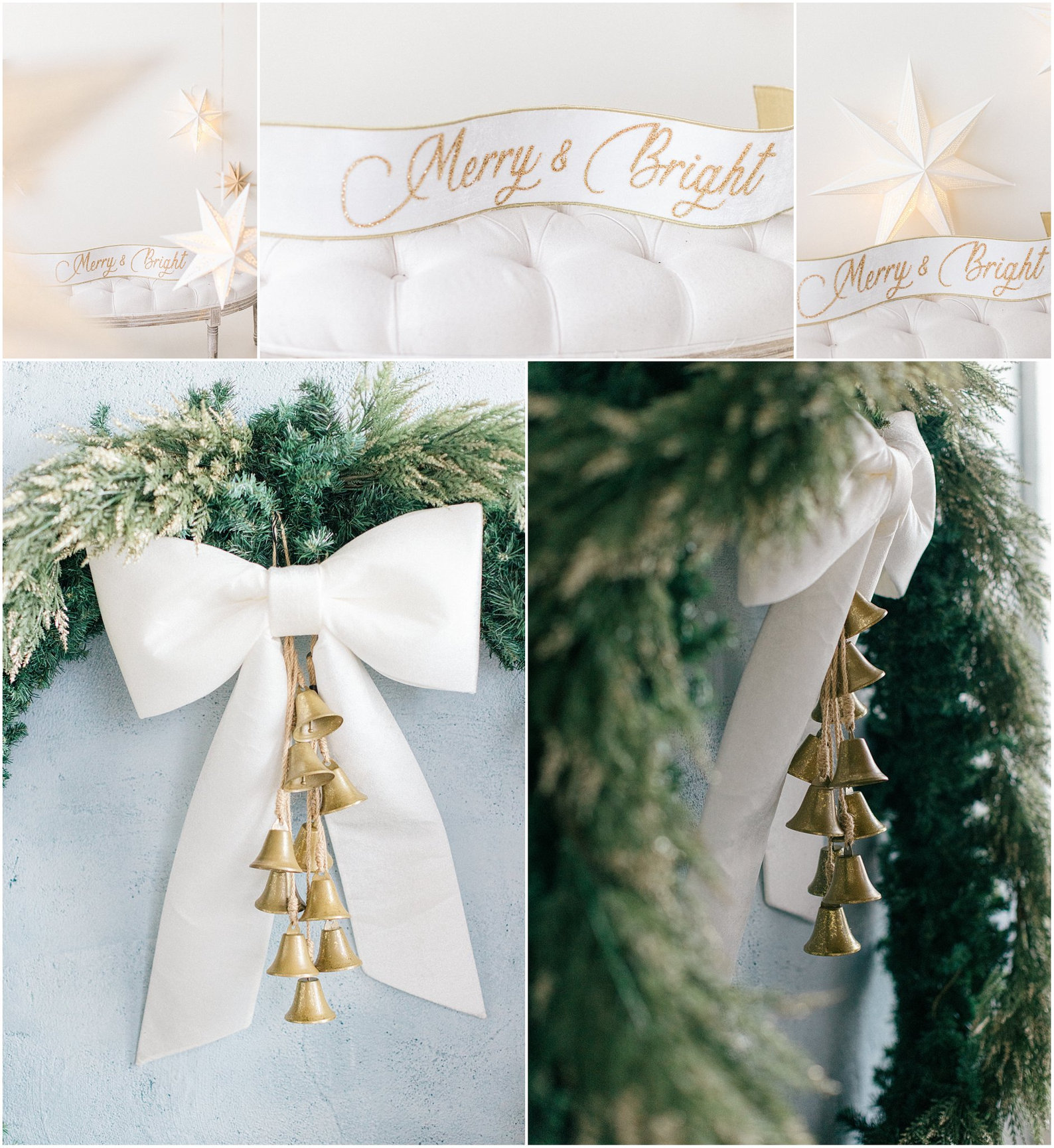 Elegant white ribbon bow with bells, set against a green garland, perfect for holiday decorations.