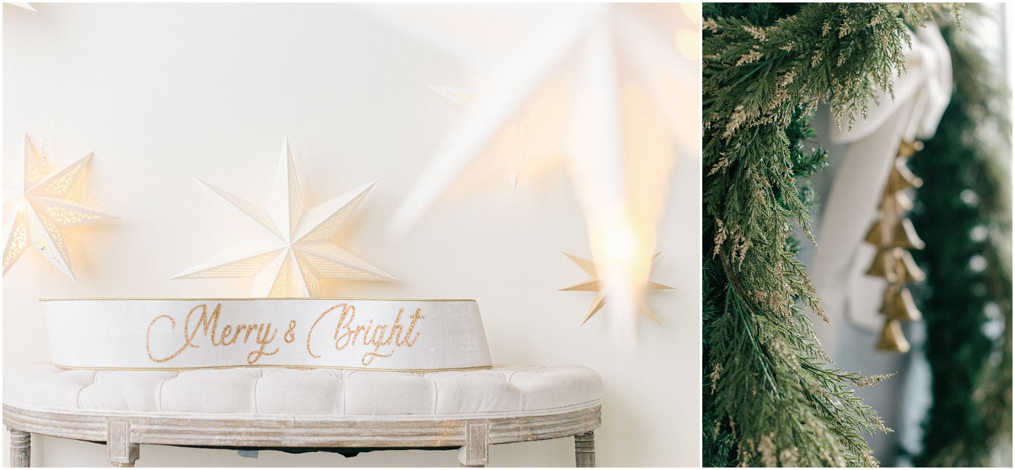 Decorative holiday scene with golden stars, a Merry & Bright banner, and a green garland.
