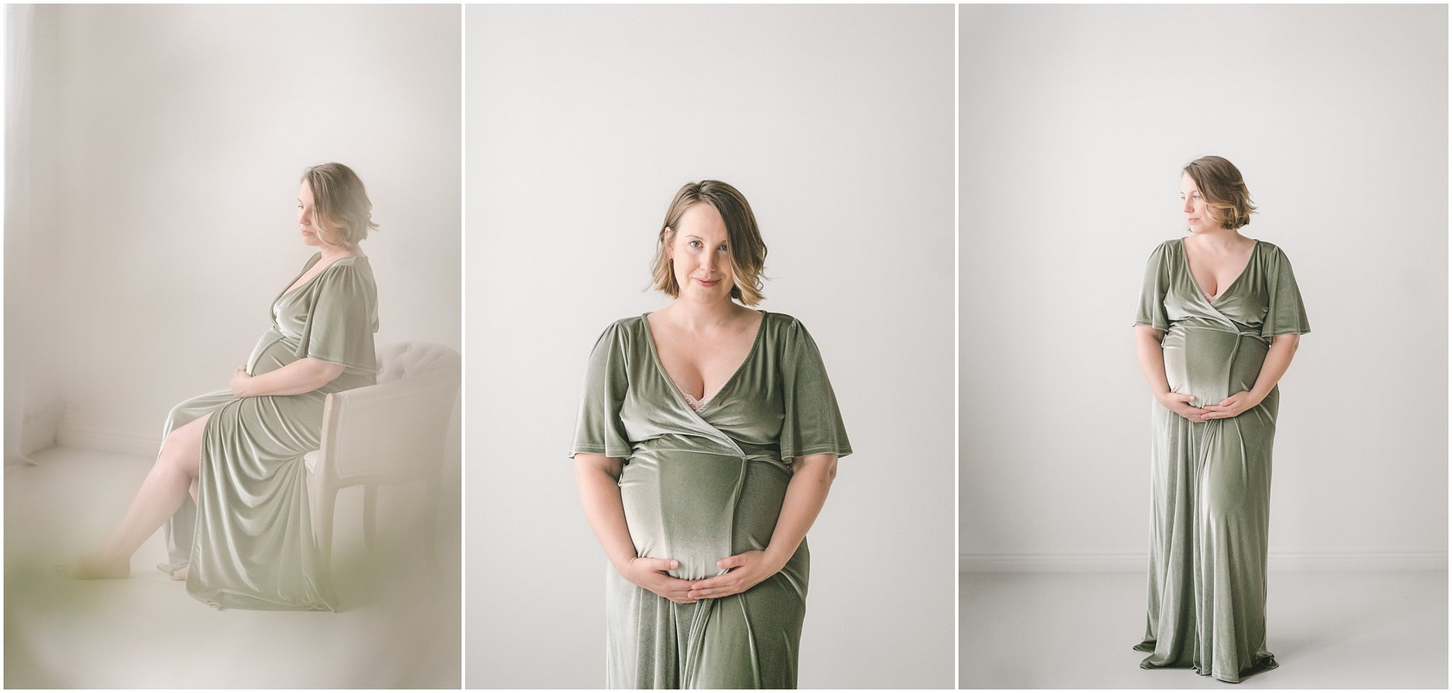 Pregnant woman in a green dress poses in three soft-focus shots against a light background.