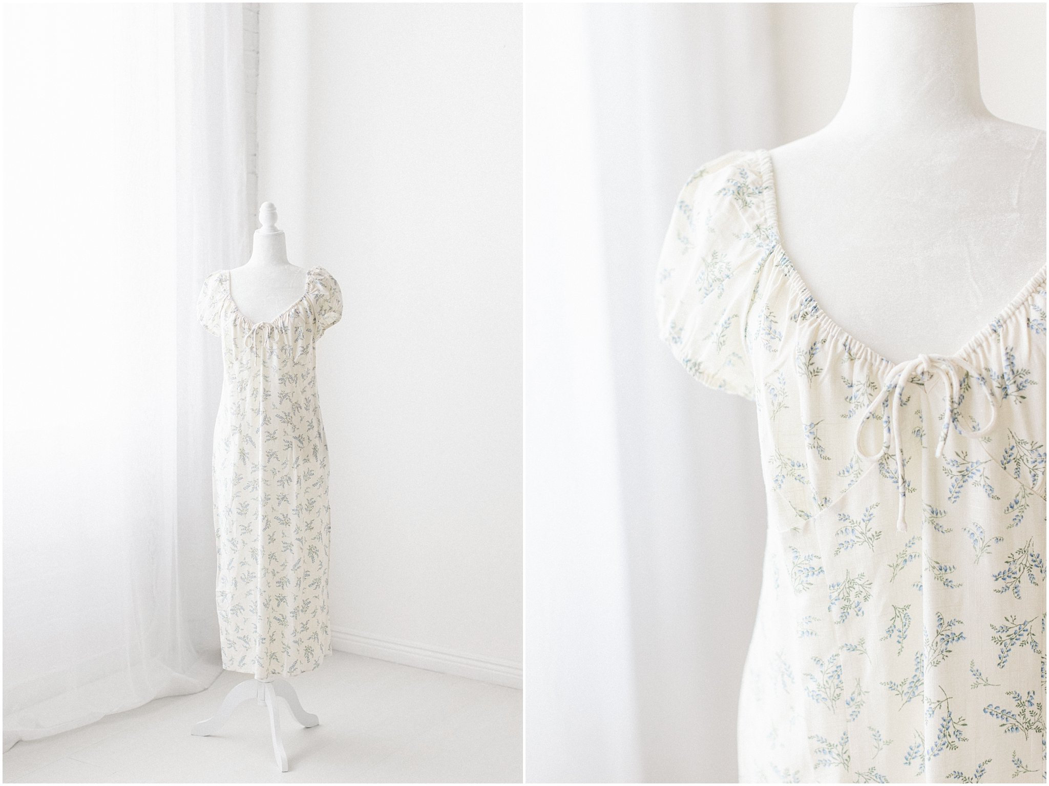 Floral-patterned dress displayed on a mannequin against a light background.
