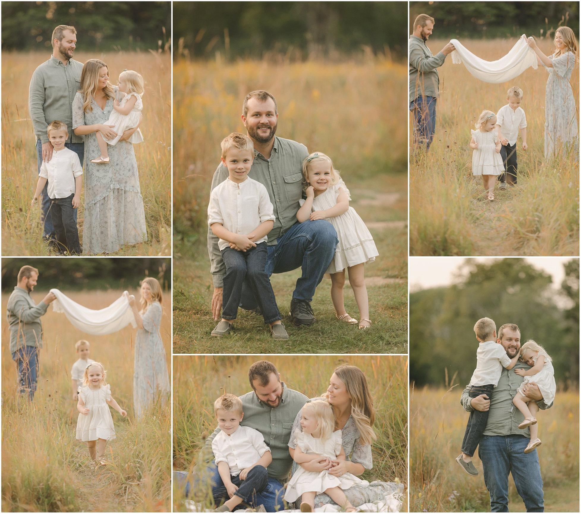 Family portrait session in a grassy field with two adults and four children, capturing joyful moments together.