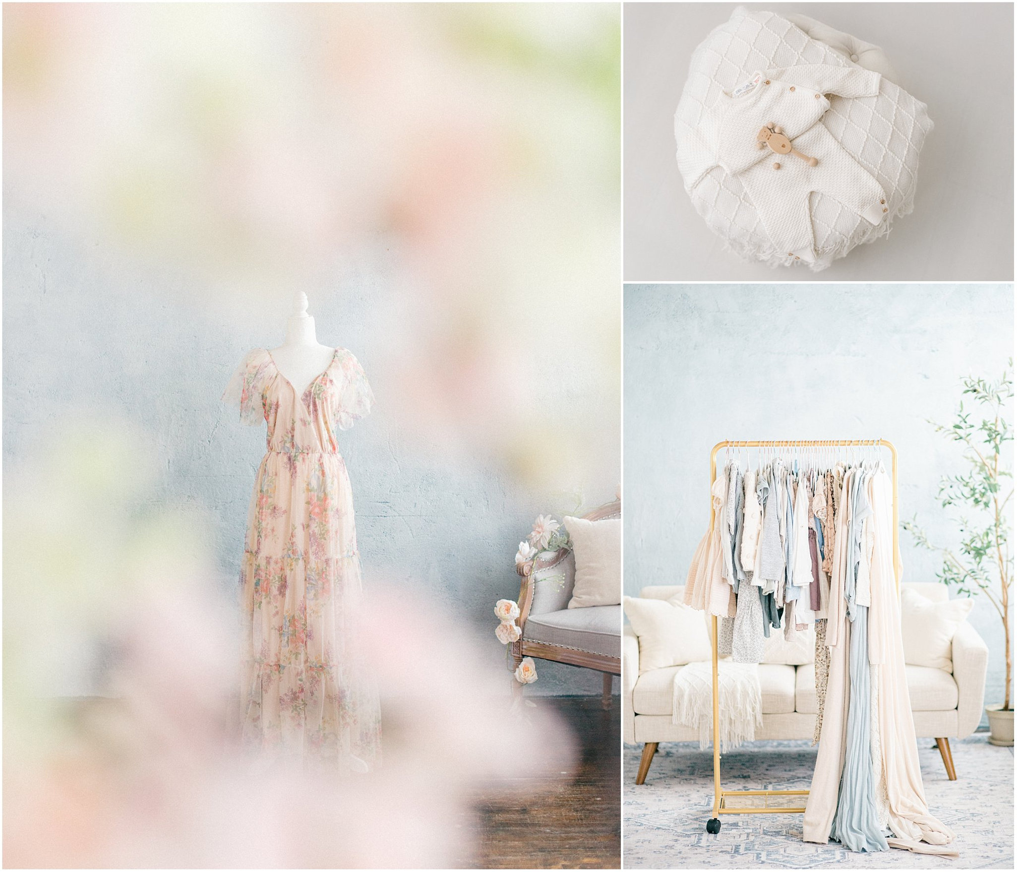 A soft floral dress on a mannequin, surrounded by pastel fabric swatches and decorative elements.