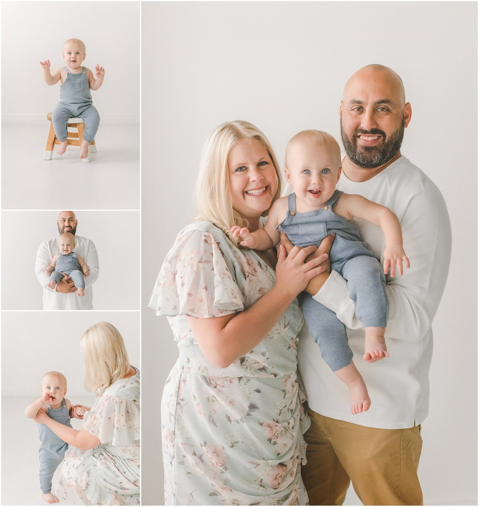 Family portrait featuring a smiling couple with their baby, captured in a bright, studio setting.