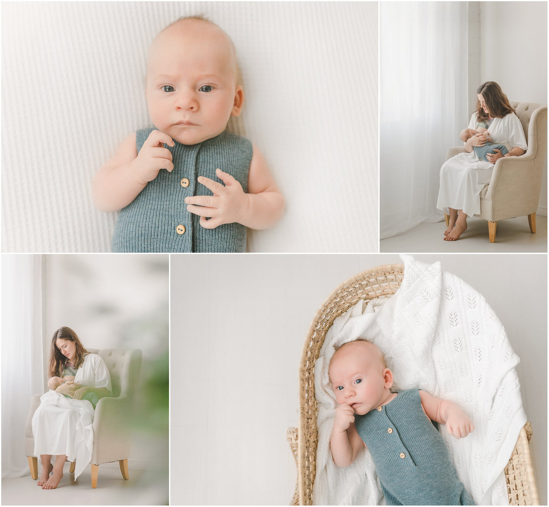 Baby in a green outfit and a girl in a chair, both in a bright, softly lit room with white curtains.