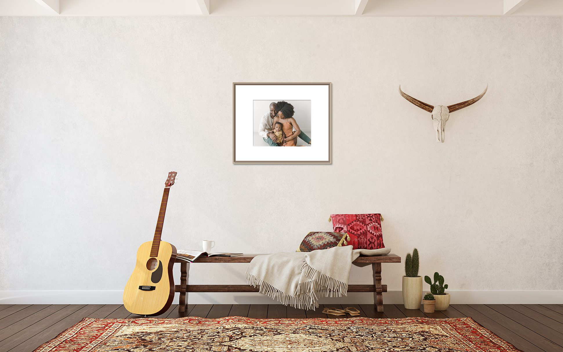Minimalist room with a bench, guitar, framed artwork, and decorative elements like a rug and wall decor.