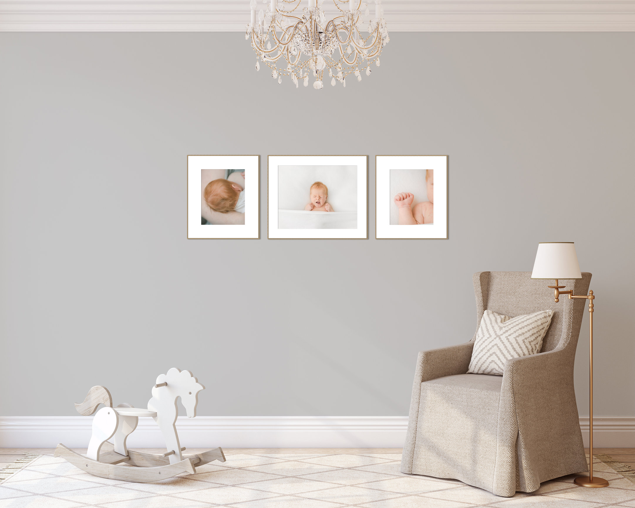 Bright, modern nursery featuring three framed photos on a gray wall, a rocking chair, and a toy horse.