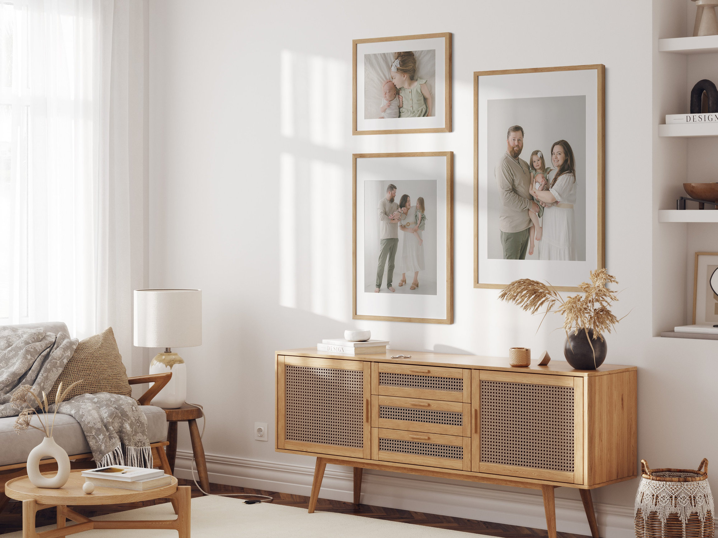 Modern living room with a wood sideboard, framed photos on the wall, and natural light from large windows.