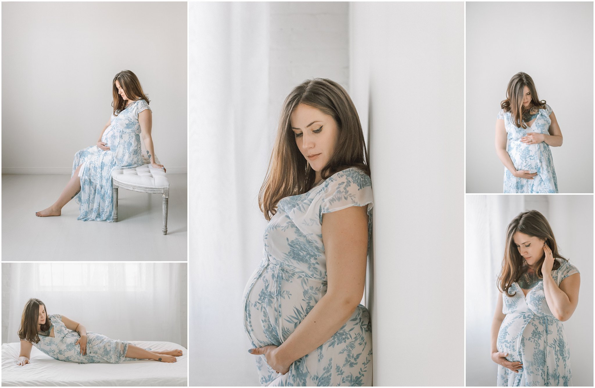 Pregnant woman in a floral dress poses gracefully in a bright, airy setting. Multiple angles showcase her radiant glow.
