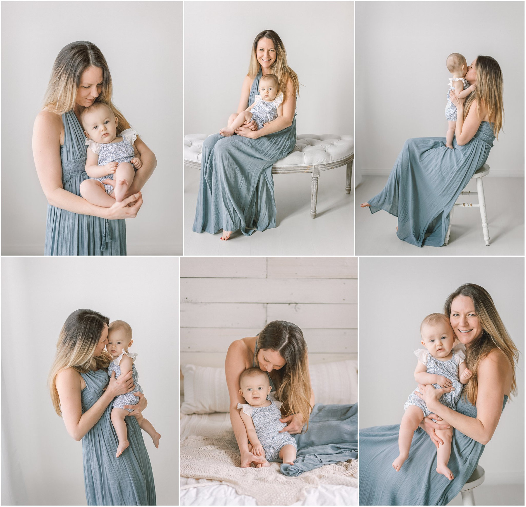 Woman in a flowing dress holding a baby, smiling, in various poses, with soft, light backgrounds.