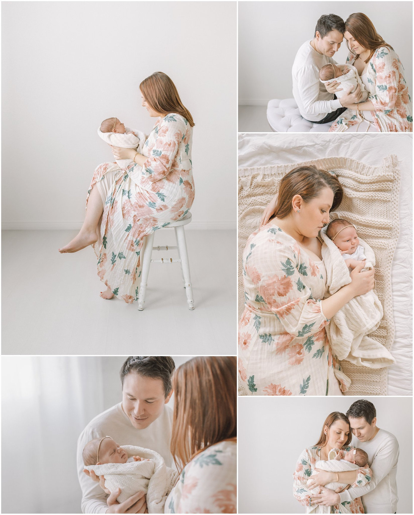 Family portrait featuring a newborn with parents, set in a bright, minimalistic space.