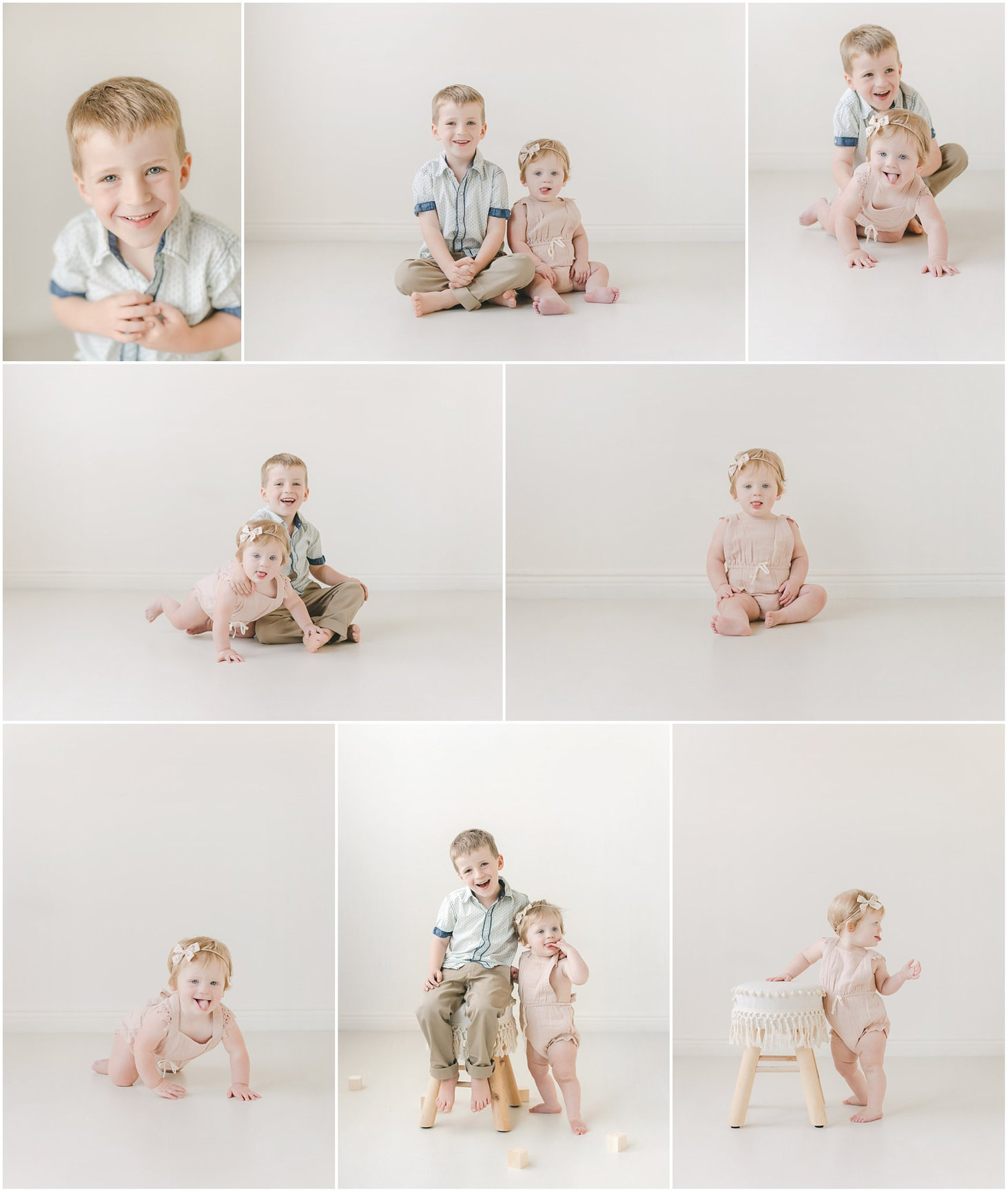 Two young children are playfully posing in various positions against a light background.