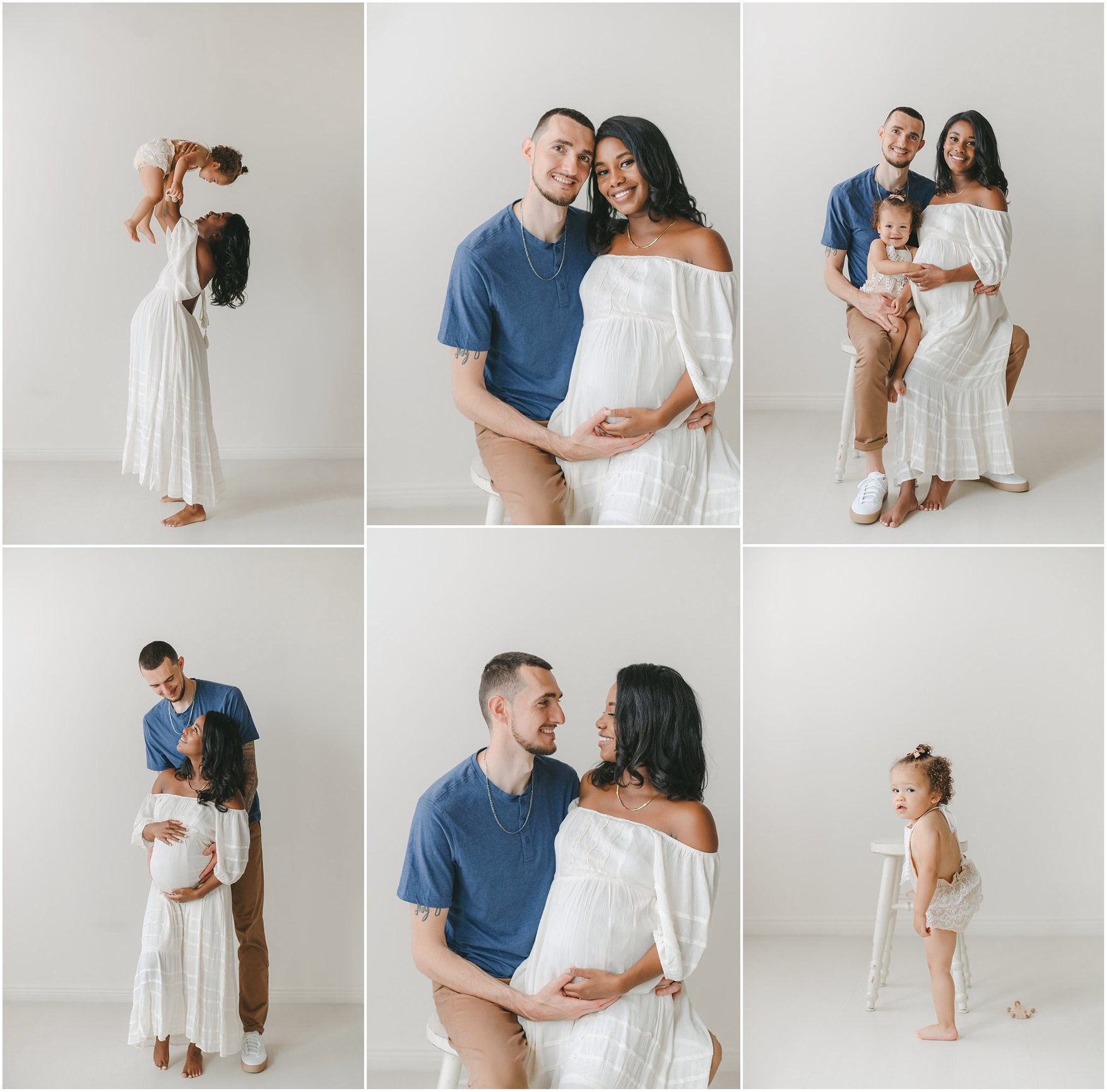 Family photo collage featuring parents with their children, capturing joyful moments in a light, bright setting.