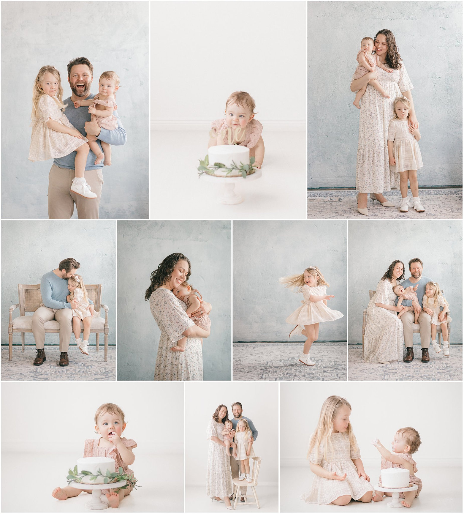 A collage of family photos featuring adults and children in soft, neutral tones and playful poses.