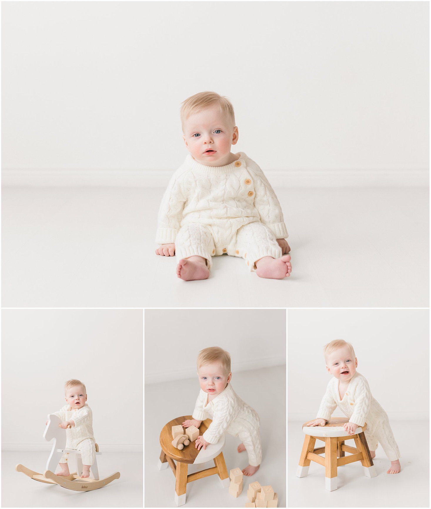 Baby in cream outfit sitting on a light background, with playful poses on a rocking horse and a wooden chair.