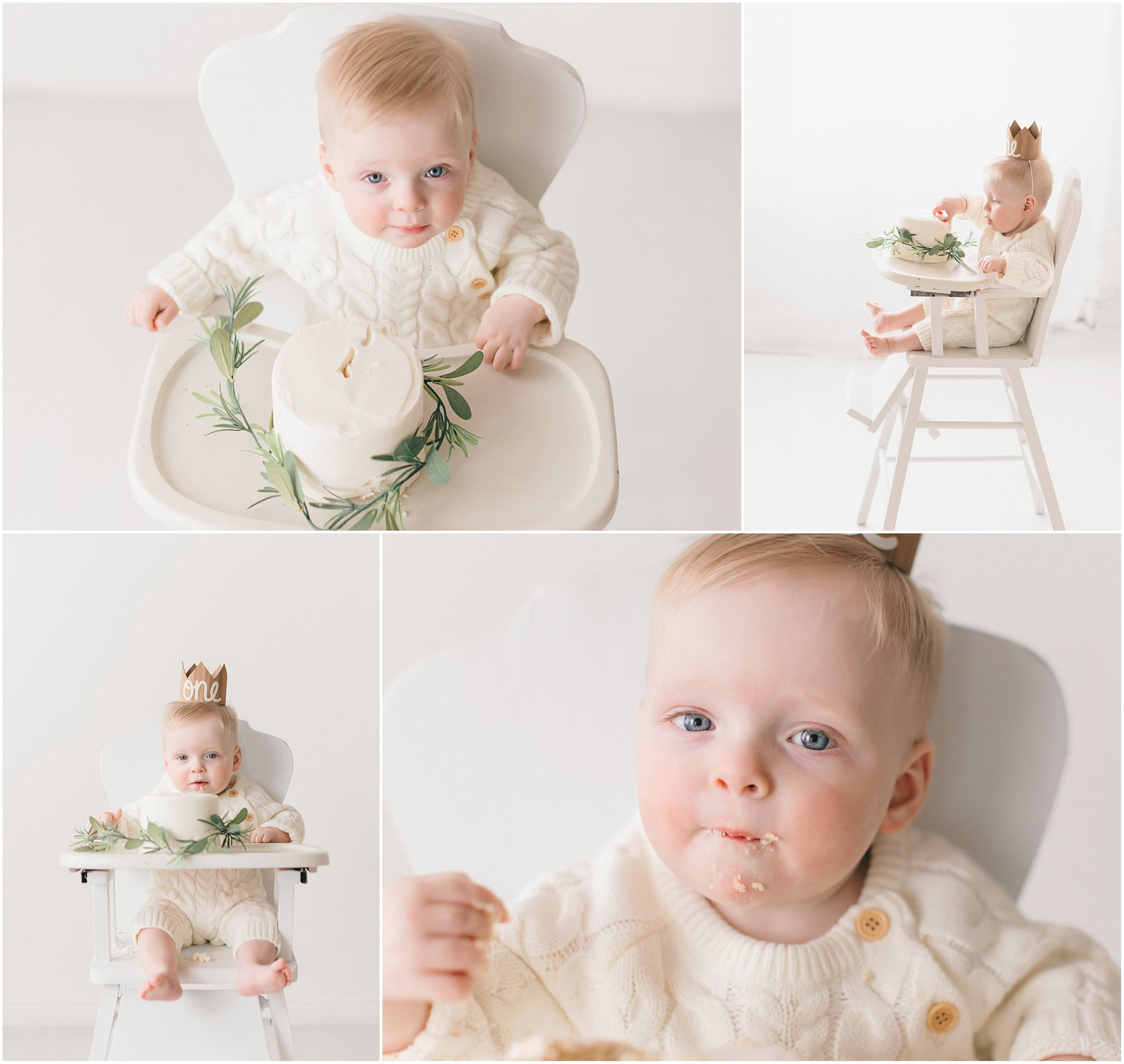 Baby sitting in a high chair surrounded by greenery, enjoying a small cake, wearing a cream outfit.