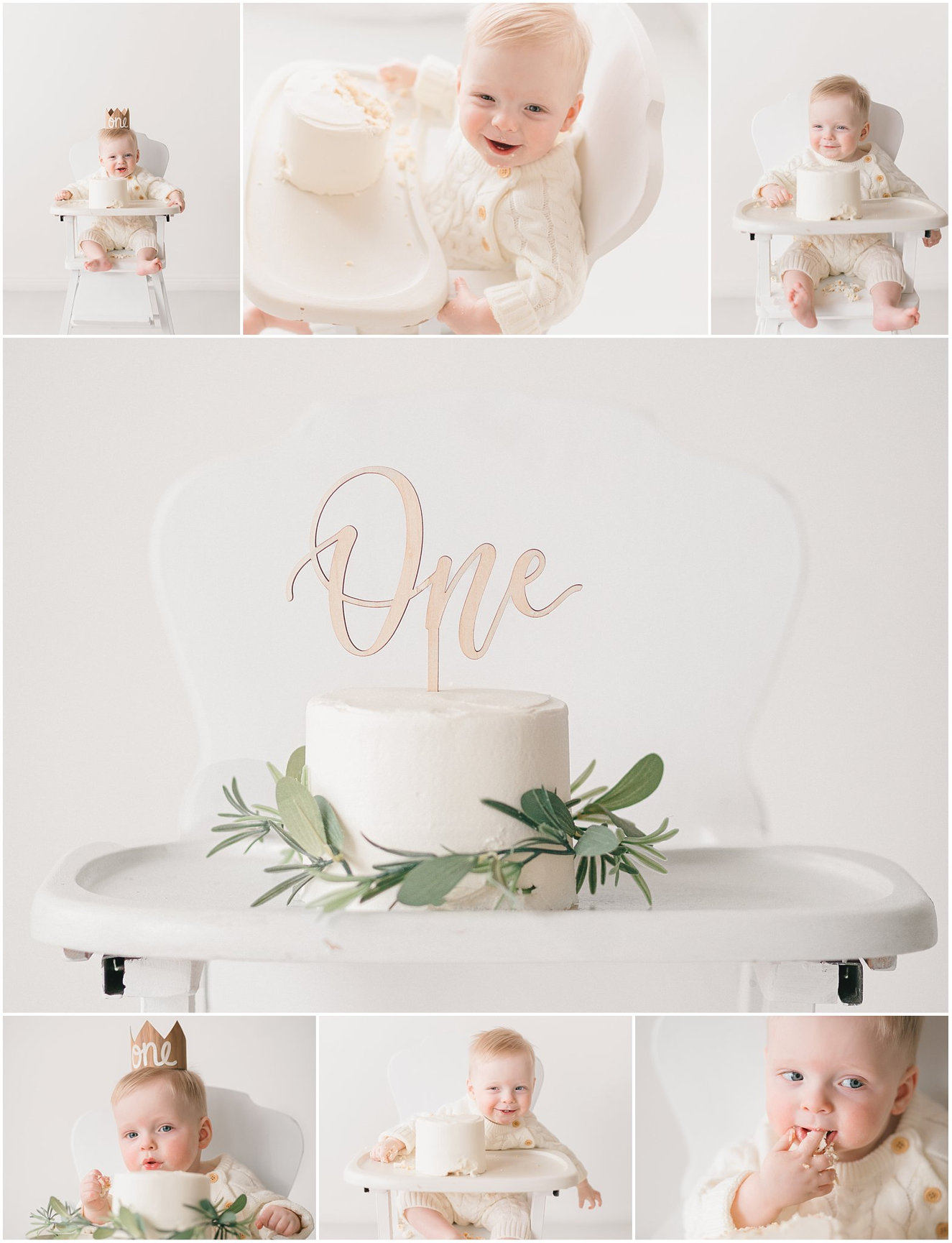 Baby celebrating first birthday with a cake and floral decor, surrounded by cheerful photos of the child.