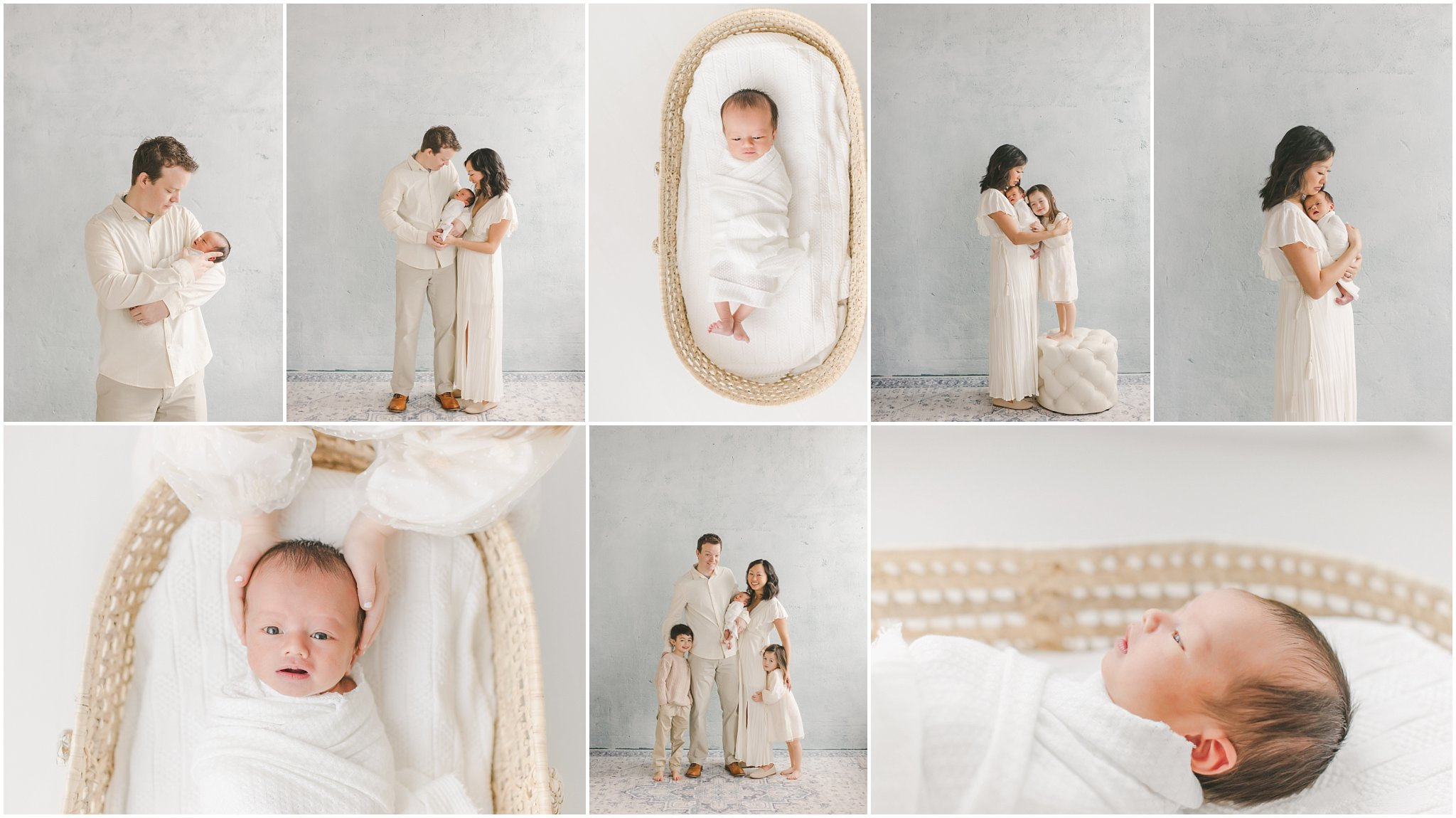 Collage of family photos with parents holding a baby, and the baby in a basket wrapped in a white blanket.