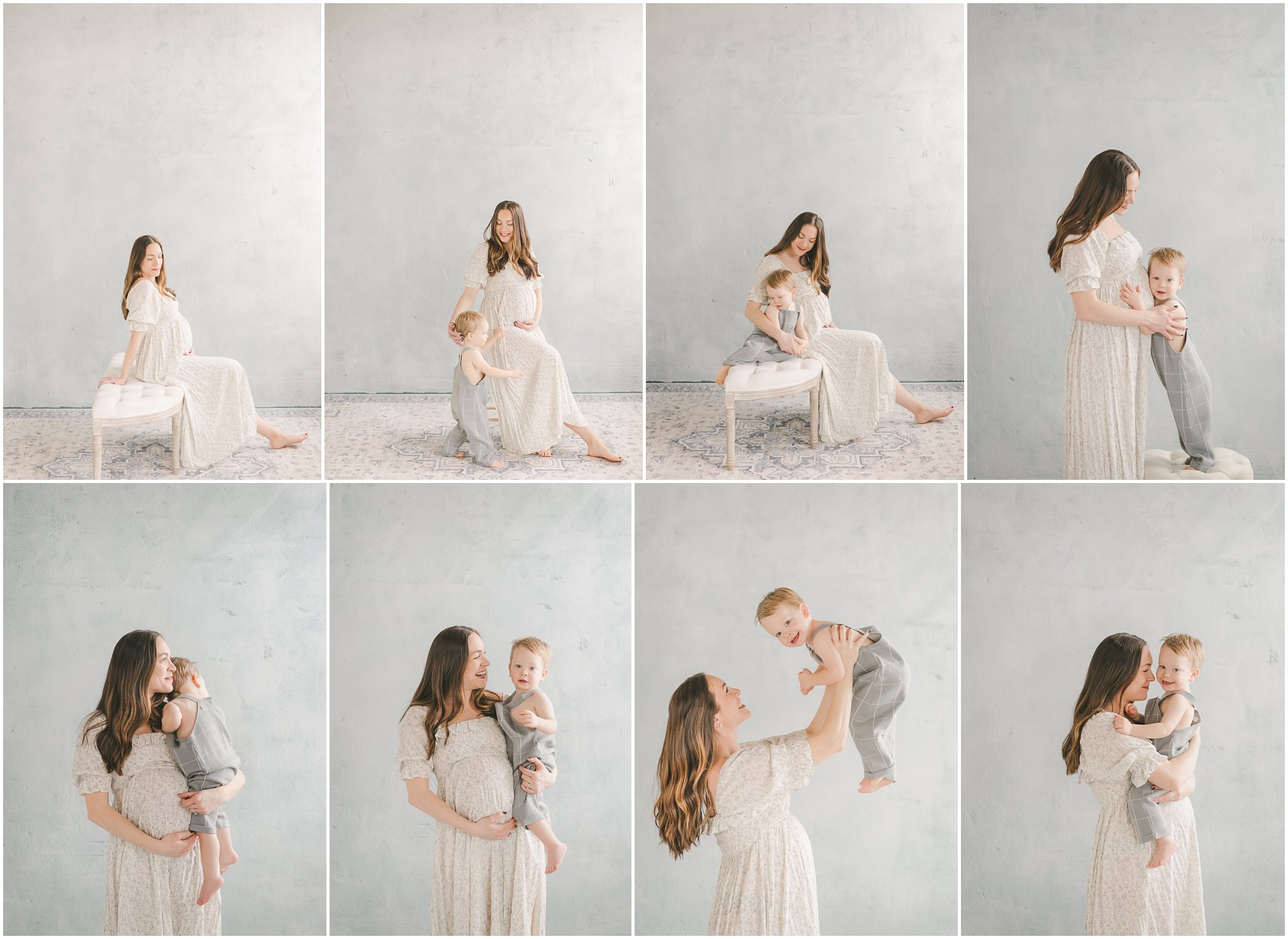 Mother and child in light, airy portraits, with both seated and standing poses against a soft grey backdrop.