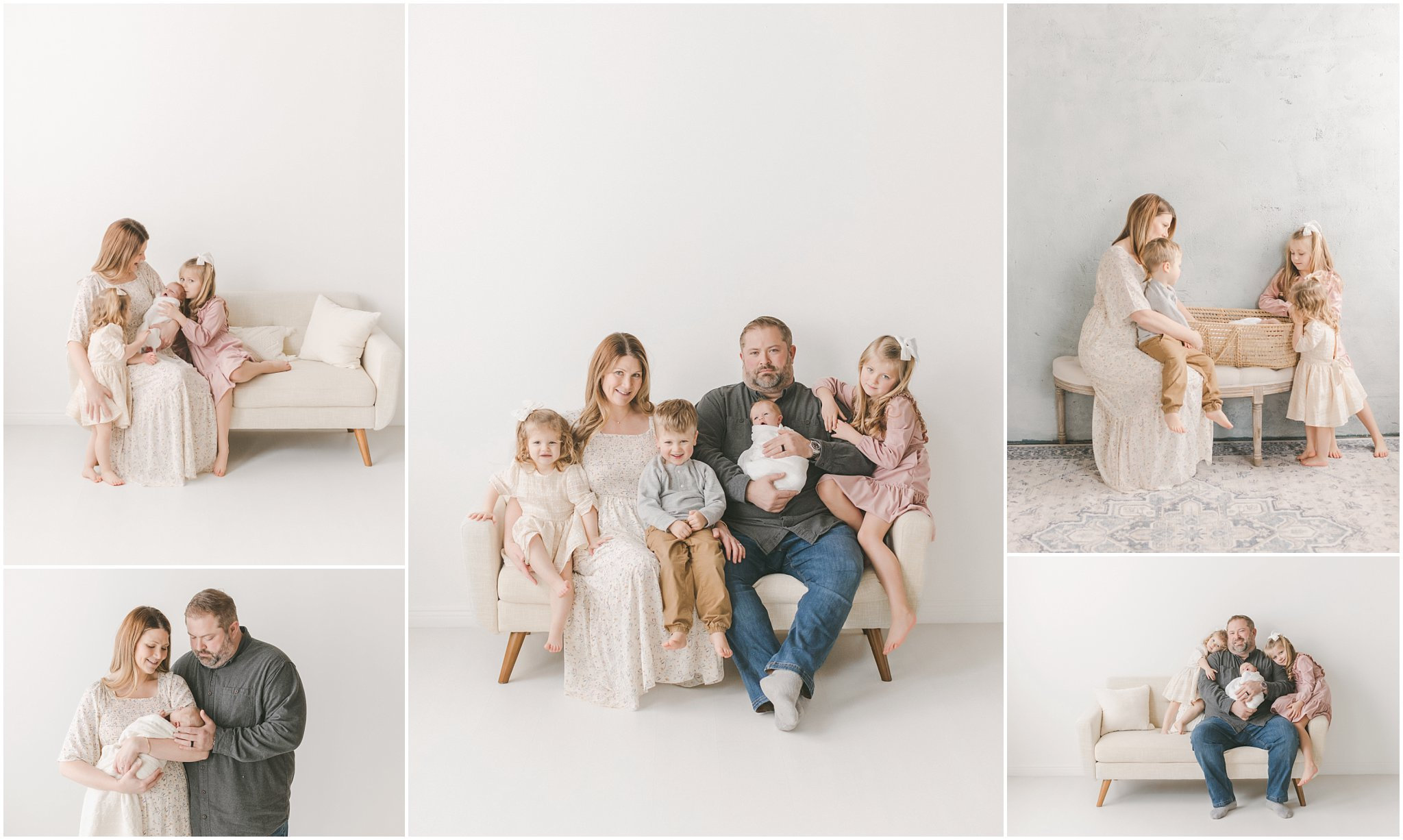 Collage of a family with two adults and three children, sitting and interacting in a bright, minimalist setting.